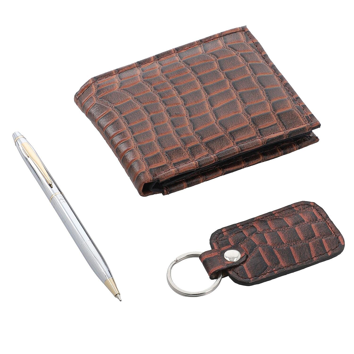 3 Piece Set - 100% Genuine Leather Croc Embossed Mens Wallet, Pen and Keychain - Brown