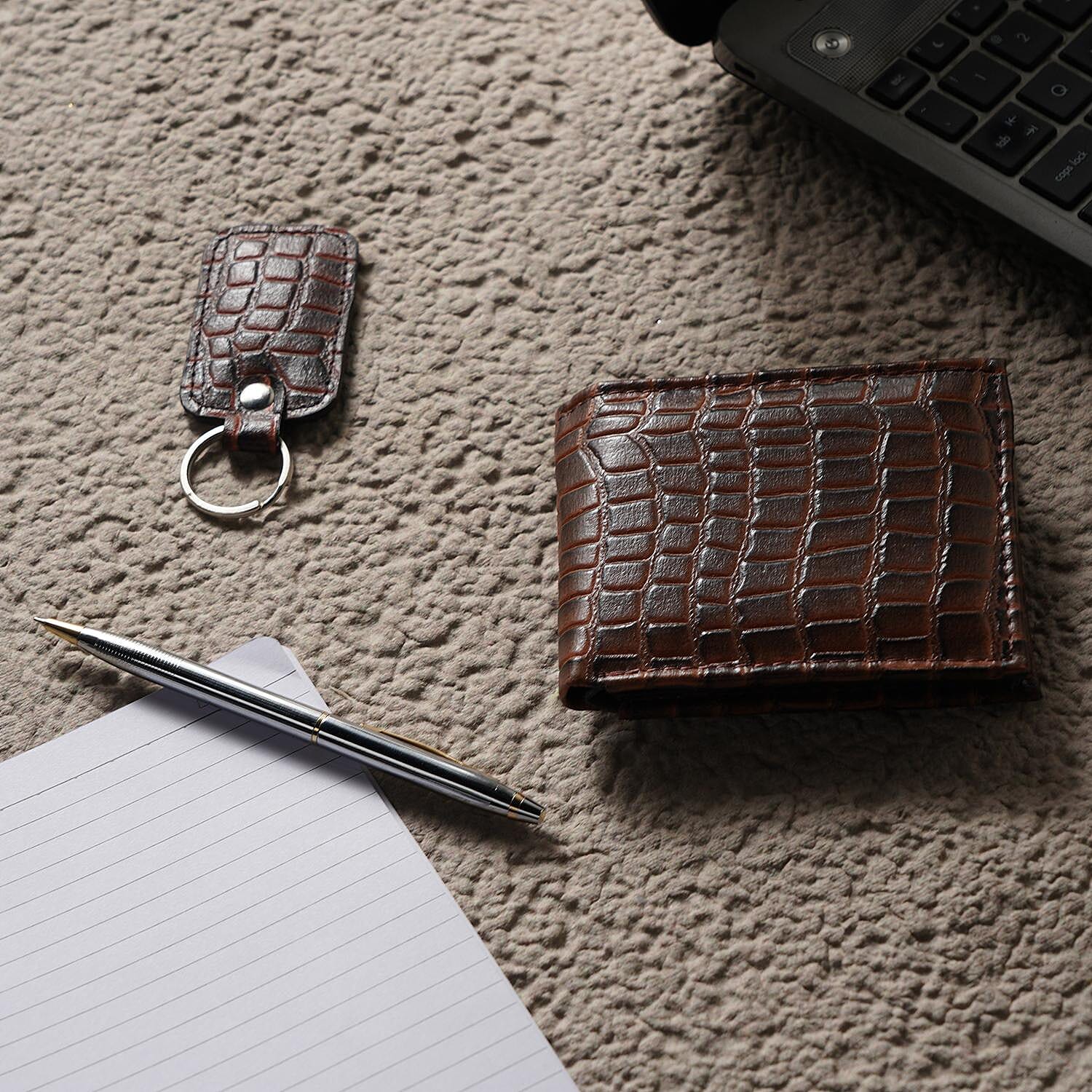 3 Piece Set - 100% Genuine Leather Croc Embossed Mens Wallet, Pen and Keychain - Brown