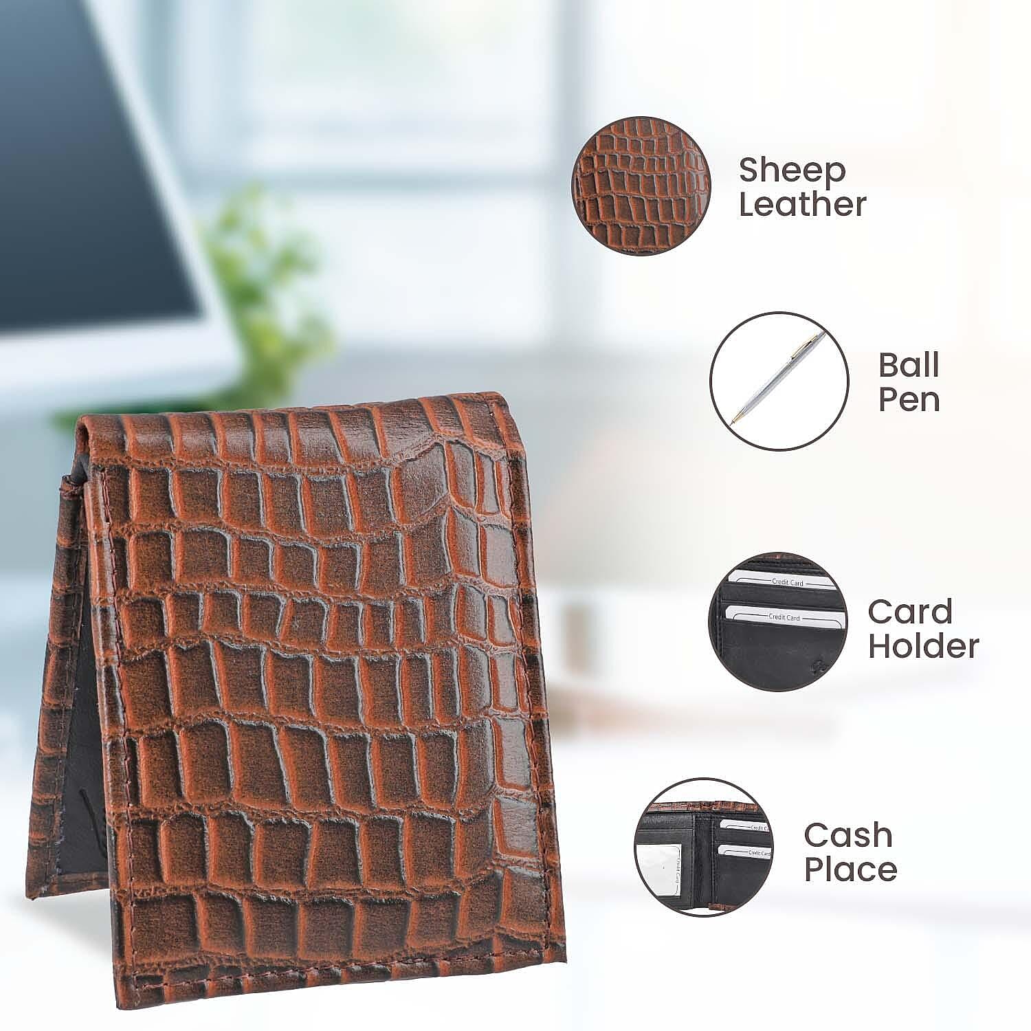 3 Piece Set - 100% Genuine Leather Croc Embossed Mens Wallet, Pen and Keychain - Brown