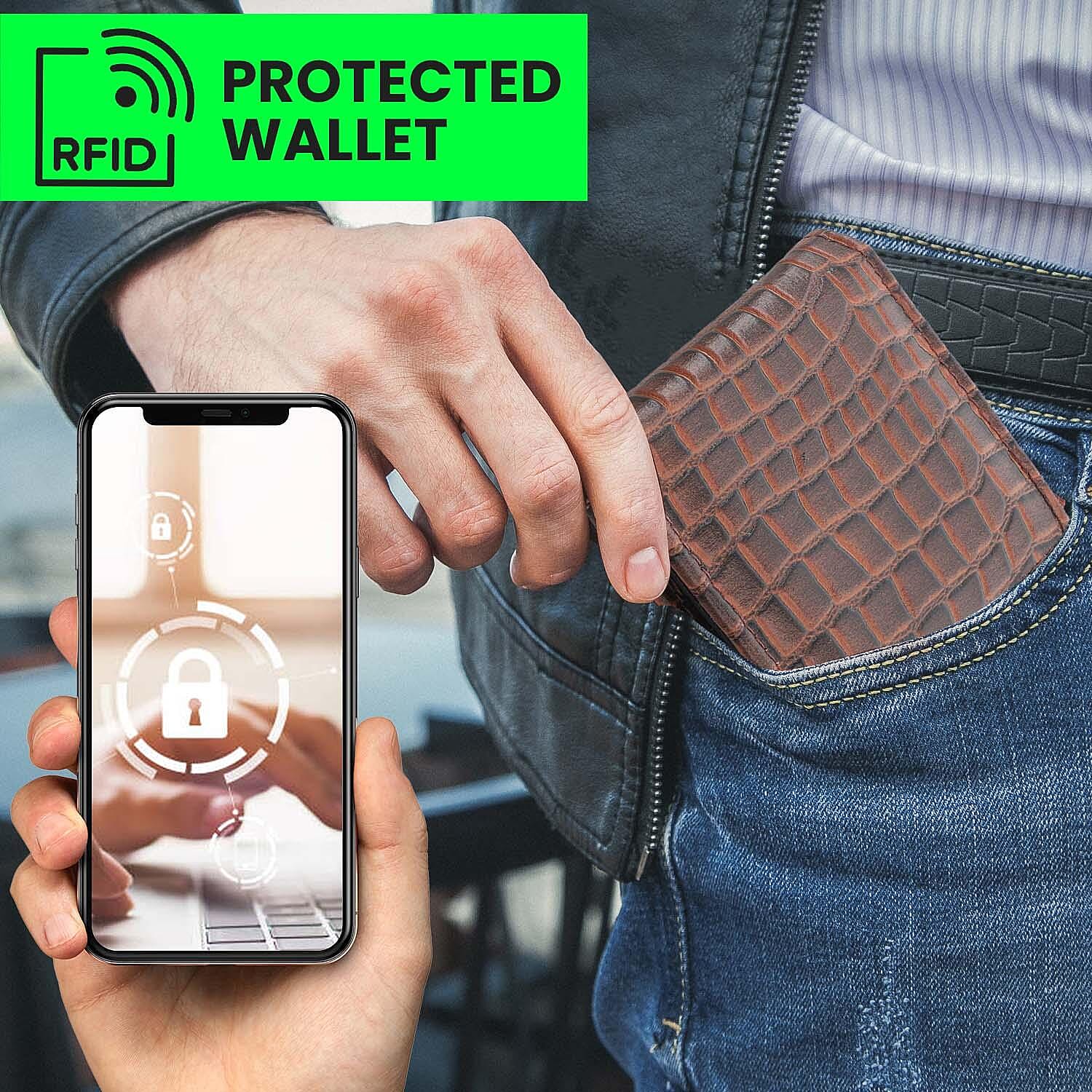 3 Piece Set - 100% Genuine Leather Croc Embossed Mens Wallet, Pen and Keychain - Brown