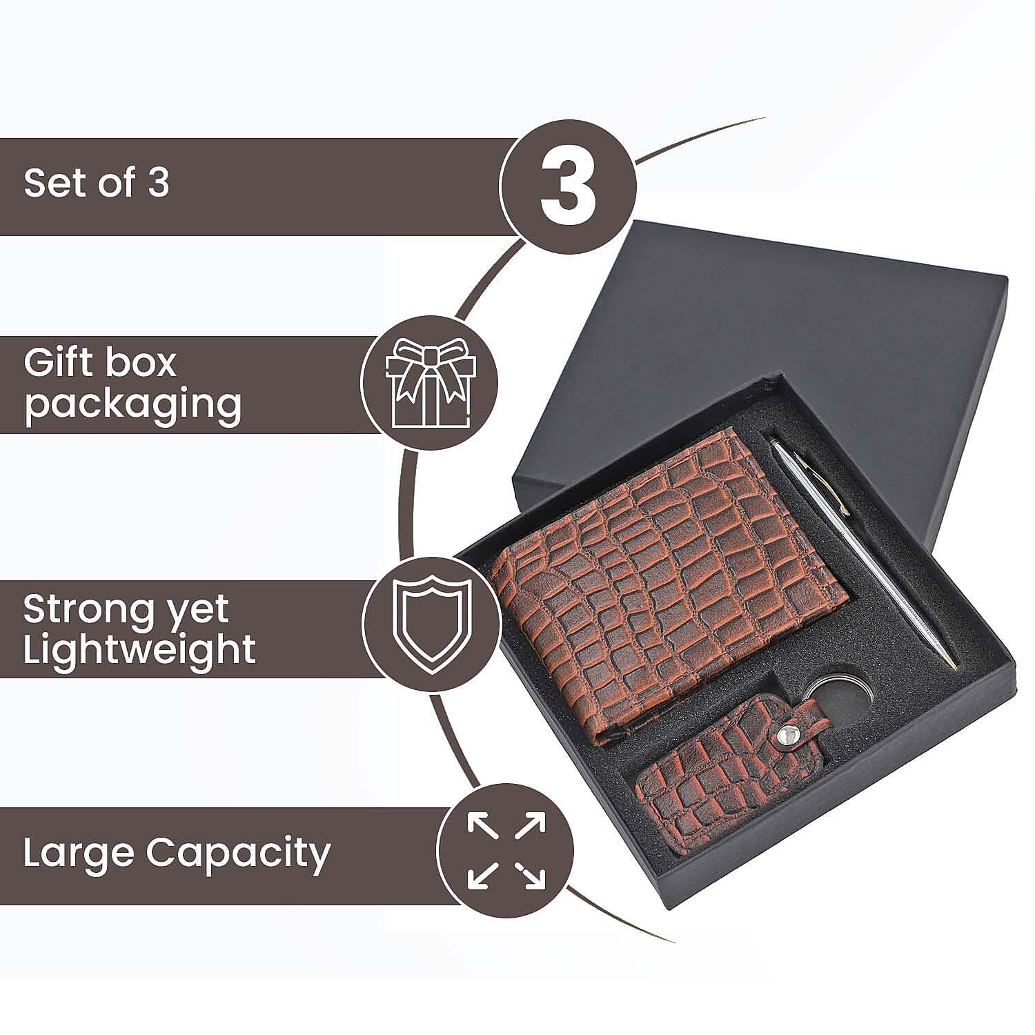 3 Piece Set - 100% Genuine Leather Croc Embossed Mens Wallet, Pen and Keychain - Brown