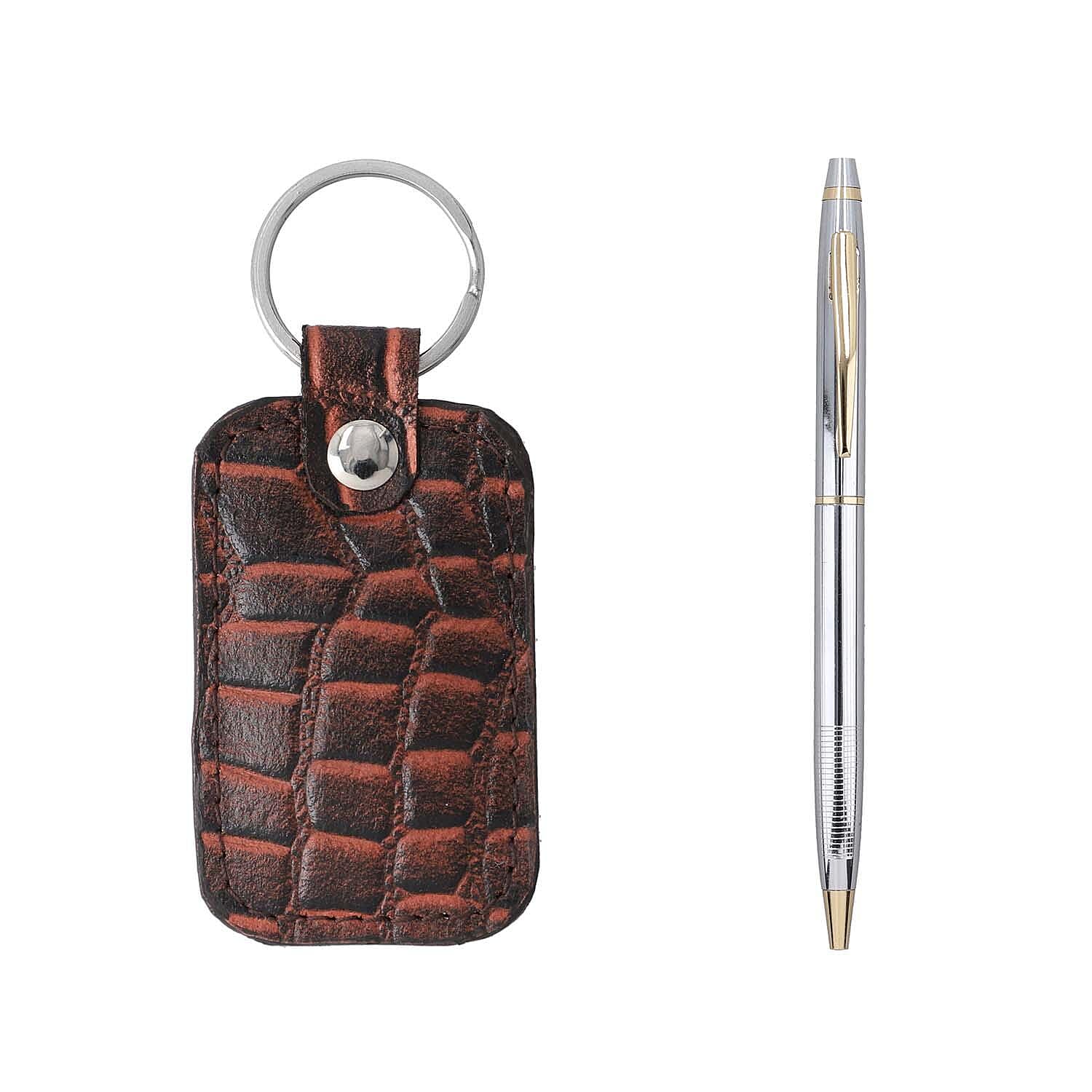 3 Piece Set - 100% Genuine Leather Croc Embossed Mens Wallet, Pen and Keychain - Brown