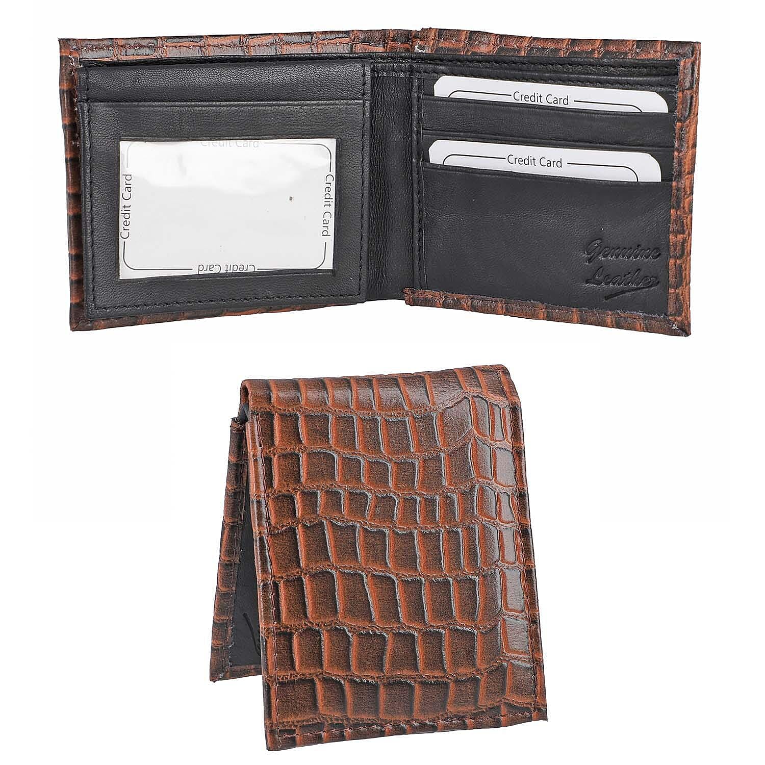 3 Piece Set - 100% Genuine Leather Croc Embossed Mens Wallet, Pen and Keychain - Brown