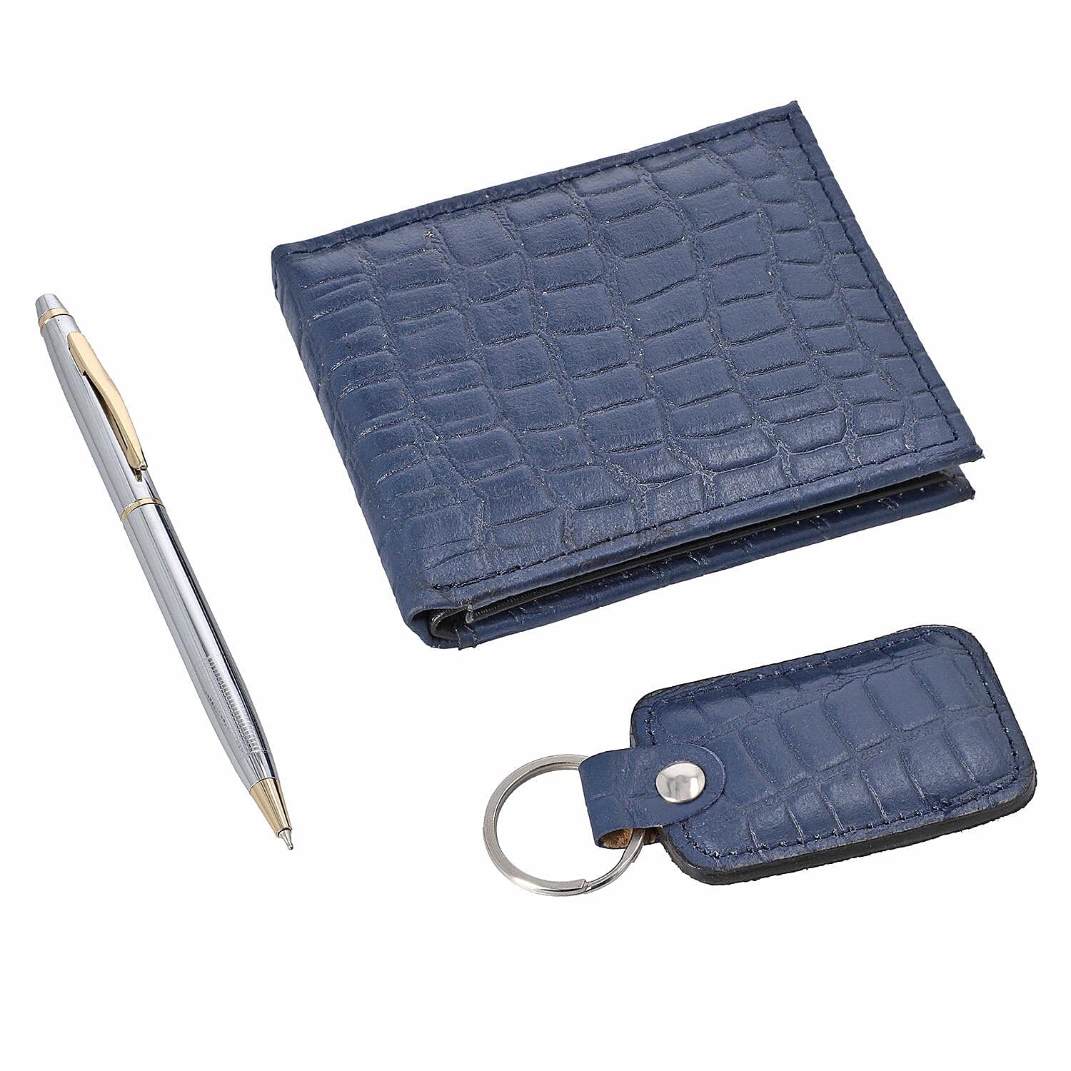 3 Piece Set - 100% Genuine Leather Croc Embossed Mens Wallet, Pen and Keychain - Blue