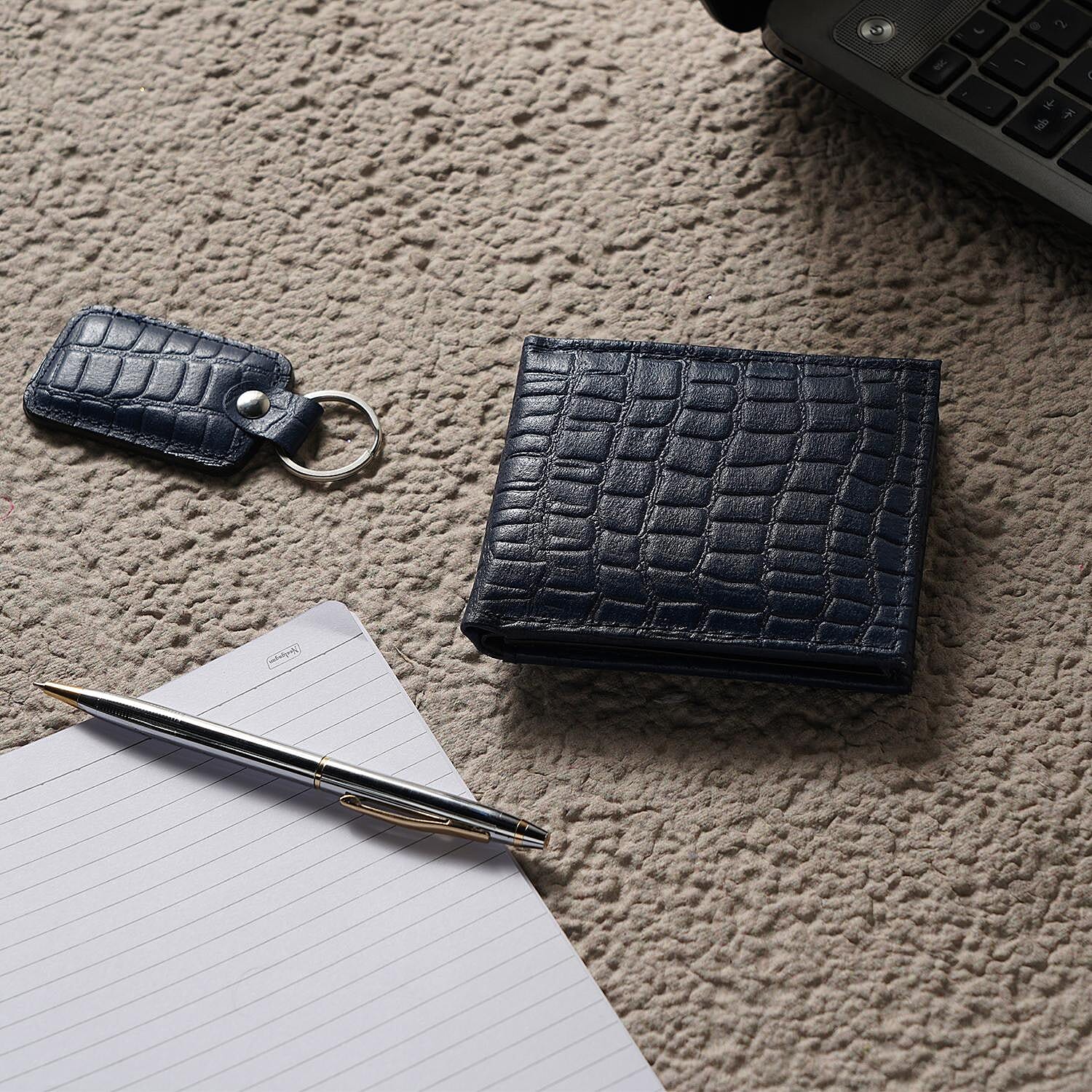 3 Piece Set - 100% Genuine Leather Croc Embossed Mens Wallet, Pen and Keychain - Blue