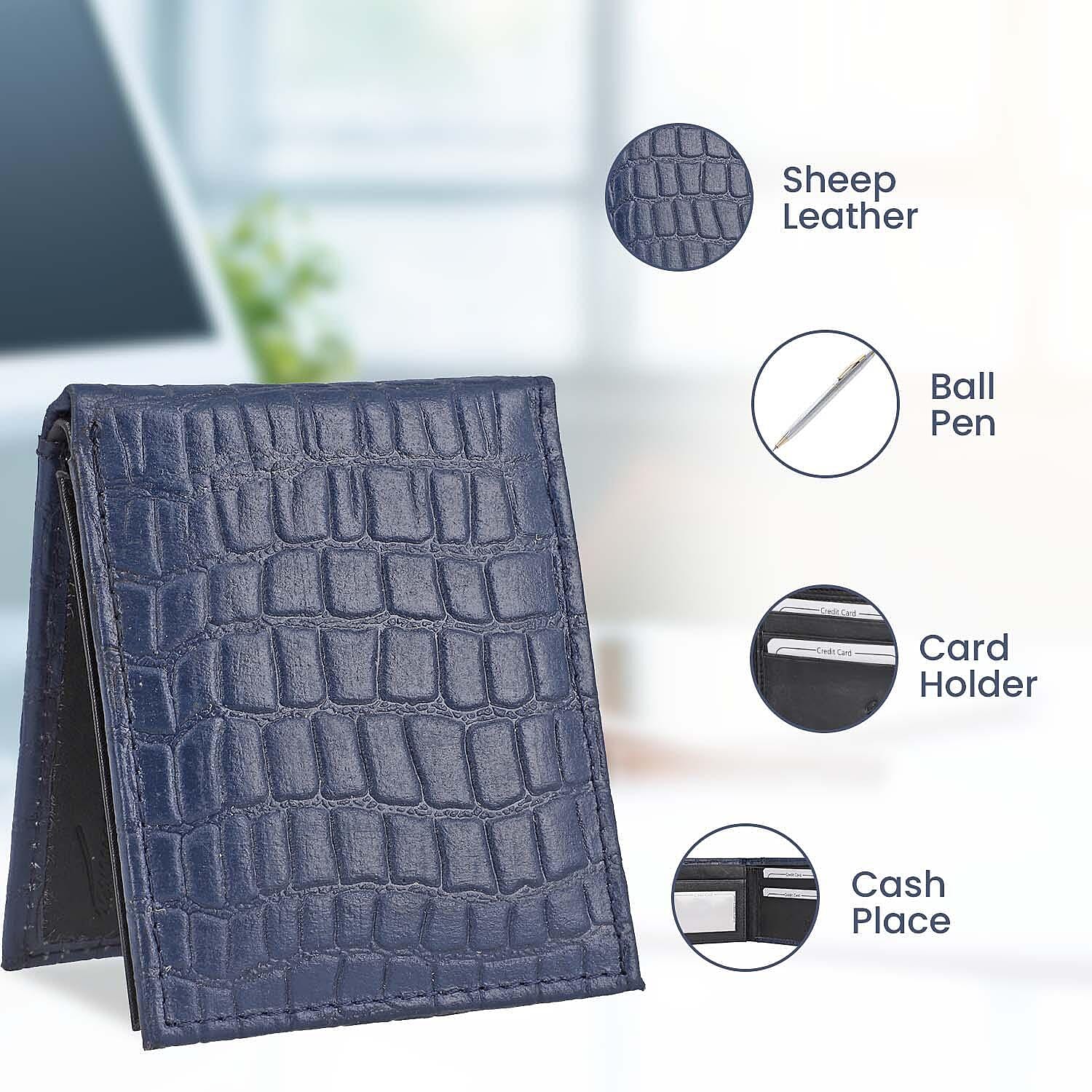 3 Piece Set - 100% Genuine Leather Croc Embossed Mens Wallet, Pen and Keychain - Blue