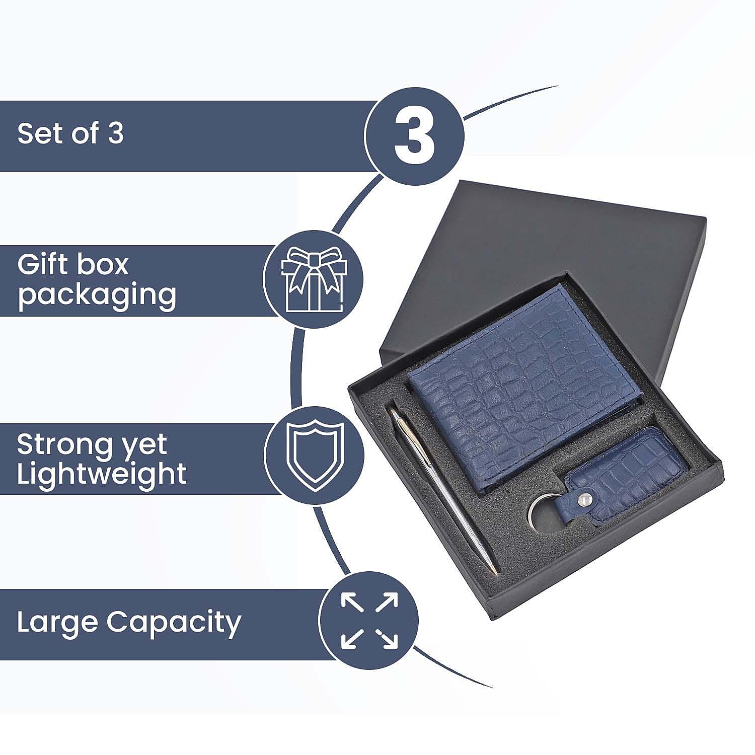 3 Piece Set - 100% Genuine Leather Croc Embossed Mens Wallet, Pen and Keychain - Blue