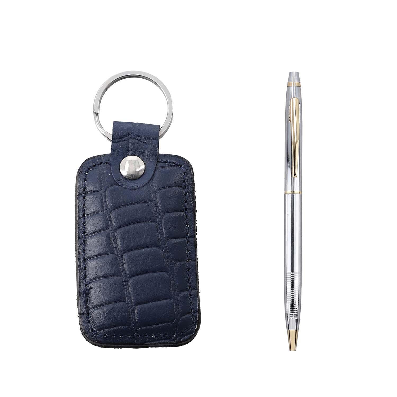 3 Piece Set - 100% Genuine Leather Croc Embossed Mens Wallet, Pen and Keychain - Blue