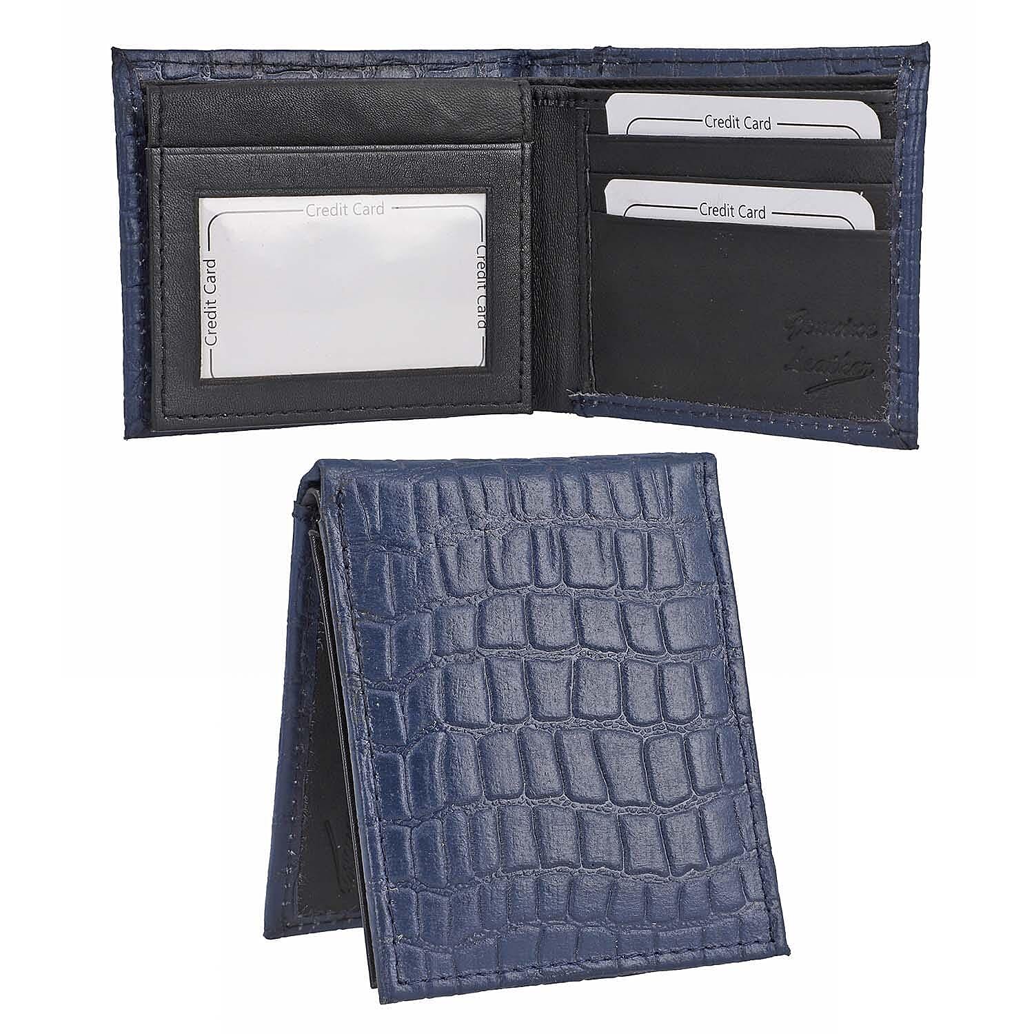 3 Piece Set - 100% Genuine Leather Croc Embossed Mens Wallet, Pen and Keychain - Blue