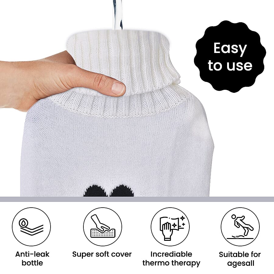 2 Piece Set - Hotwater Bottle with Jacquard Knitted Cover and Sherpa Lined Slipper Socks- Maroon & White