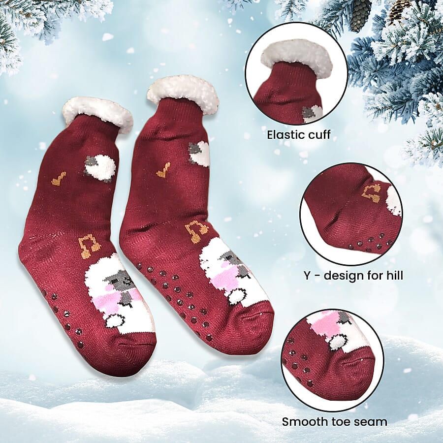 2 Piece Set - Hotwater Bottle with Jacquard Knitted Cover and Sherpa Lined Slipper Socks- Maroon & White