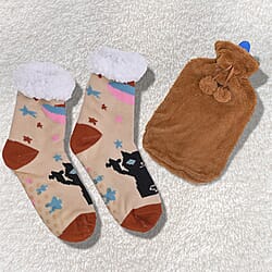 2 Piece Set - Hotwater Bottle with Jacquard Knitted Cover and Sherpa Lined Slipper Socks- Maroon & White