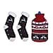 2 Piece Set - Hotwater Bottle with Jacquard Knitted Cover and Sherpa Lined Slipper Socks- Maroon & White
