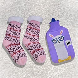 2 Piece Set - Hotwater Bottle with Jacquard Knitted Cover and Sherpa Lined Slipper Socks- Maroon & White