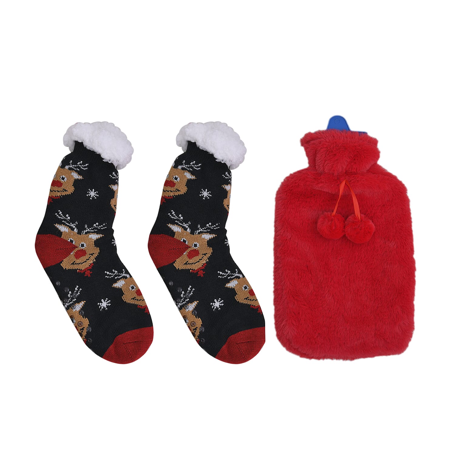 2 Piece Set - Hotwater Bottle with Faux Fur Cover and Sherpa Lined Slipper Socks (Size 5-10) - Red & Black