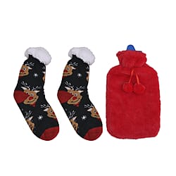 2 Piece Set - Hotwater Bottle with Jacquard Knitted Cover and Sherpa Lined Slipper Socks- Maroon & White
