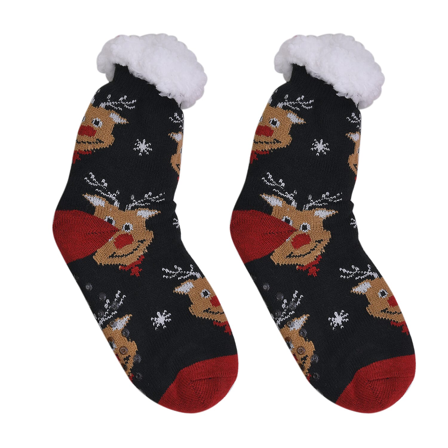 2 Piece Set - Hotwater Bottle with Faux Fur Cover and Sherpa Lined Slipper Socks (Size 5-10) - Red & Black