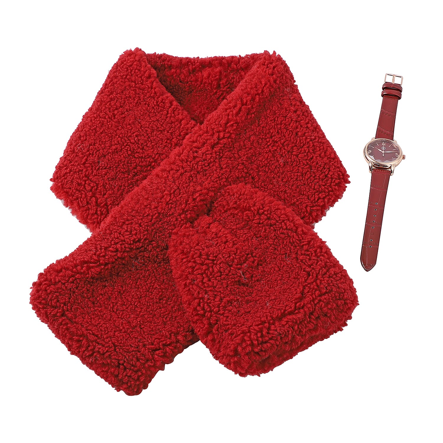 2 Piece Set - STRADA Japanese Movement Wine Red Dial Water Resistant Watch with Wine Red Colour Strap and Faux Fur Scarf (Size 90x15Cm) - Wine Red