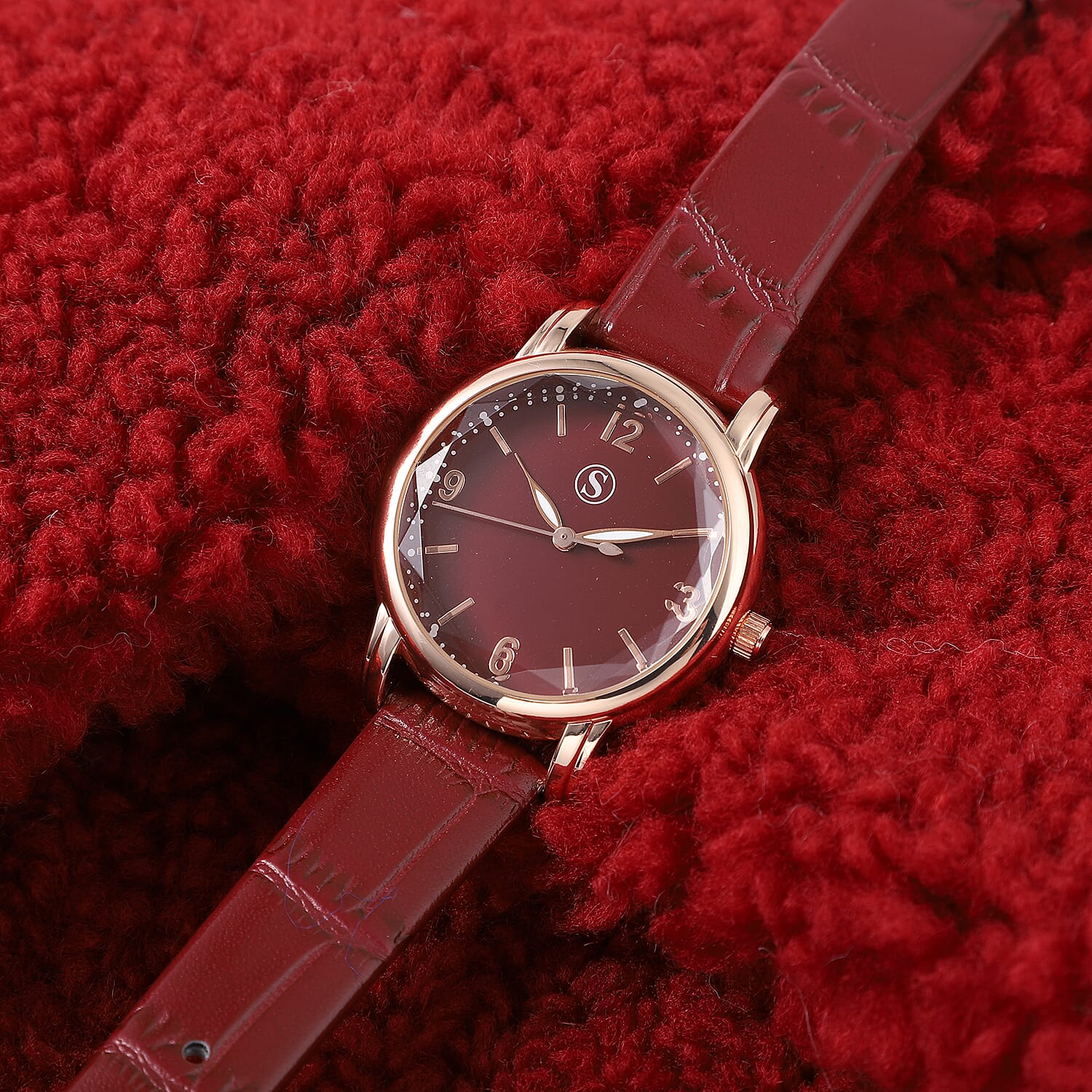 2 Piece Set - STRADA Japanese Movement Wine Red Dial Water Resistant Watch with Wine Red Colour Strap and Faux Fur Scarf (Size 90x15Cm) - Wine Red