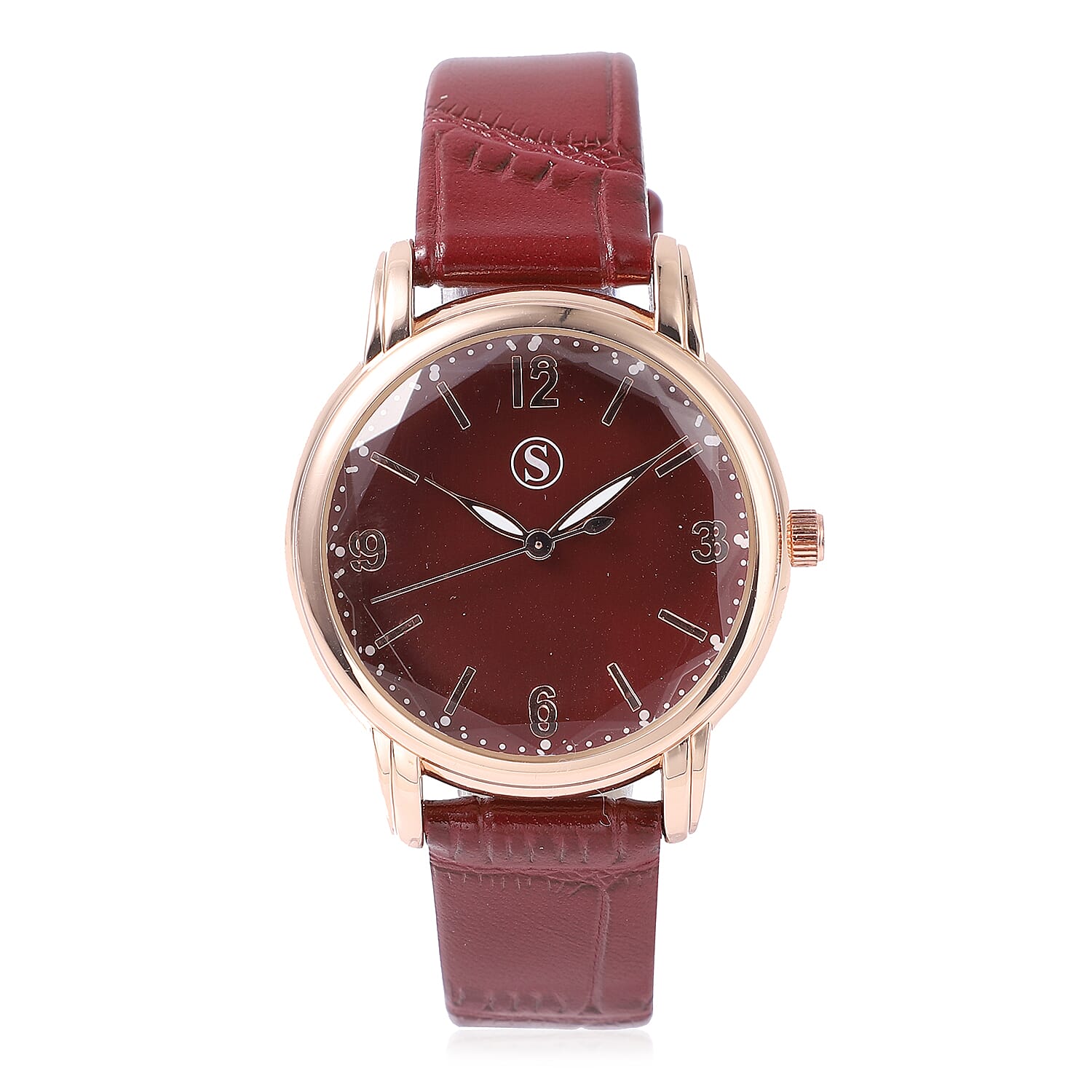 2 Piece Set - STRADA Japanese Movement Wine Red Dial Water Resistant Watch with Wine Red Colour Strap and Faux Fur Scarf (Size 90x15Cm) - Wine Red