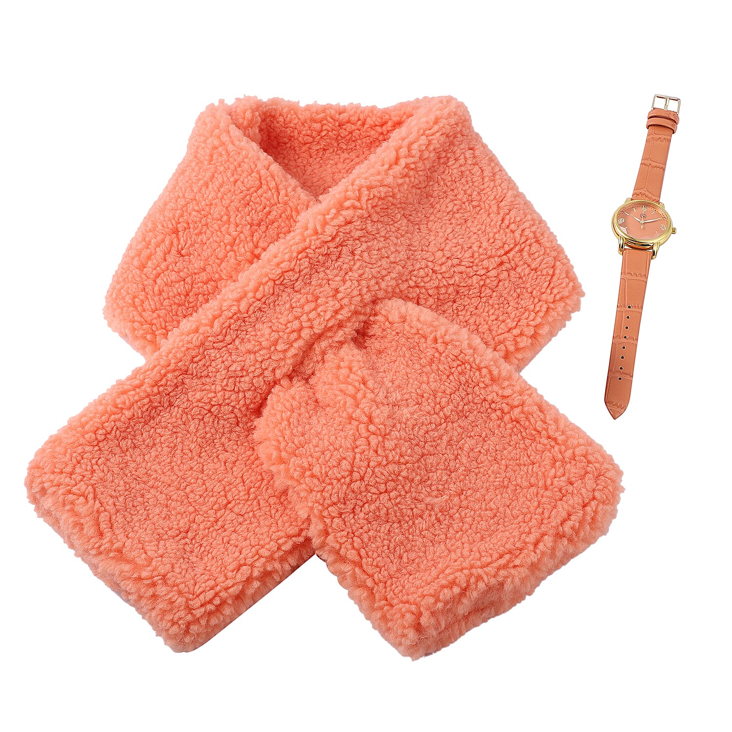 2 Piece Set - STRADA Japanese Movement Orange Dial Water Resistant Watch with Orange Colour Strap and Faux Fur Scarf (Size 90x15Cm) - Orange