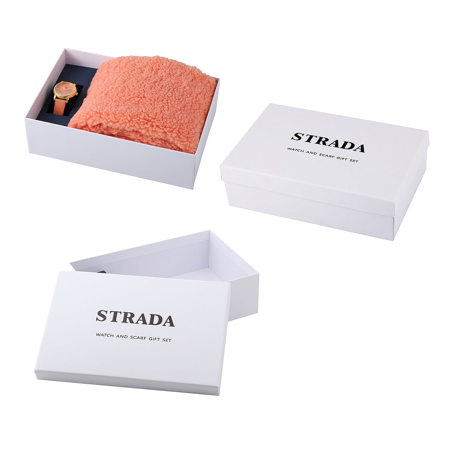 2 Piece Set - STRADA Japanese Movement Orange Dial Water Resistant Watch with Orange Colour Strap and Faux Fur Scarf (Size 90x15Cm) - Orange