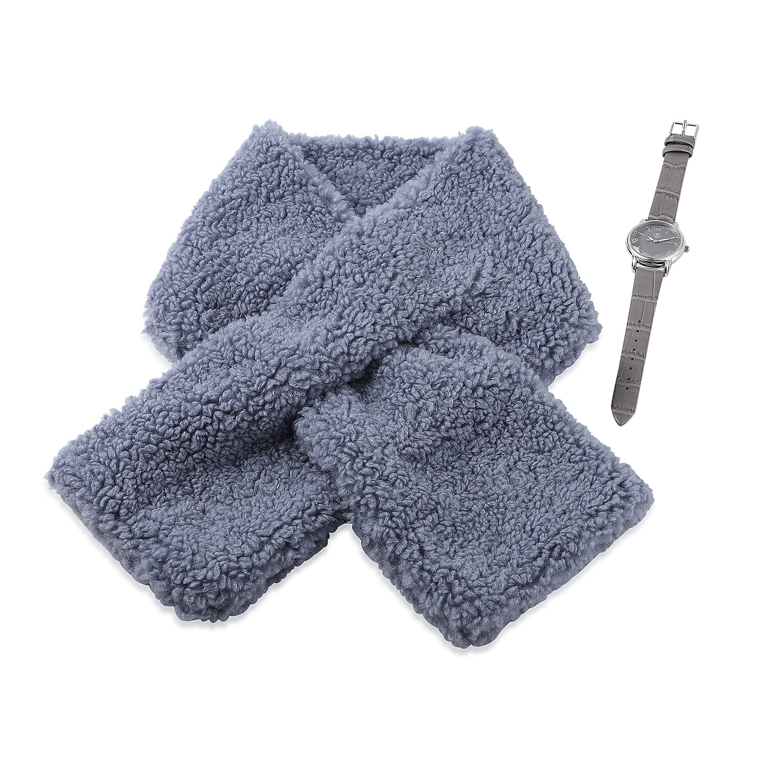 2 Piece Set - STRADA Japanese Movement Grey Dial Water Resistant Watch with Grey Colour Strap and Faux Fur Scarf (Size 90x15Cm) - Blue