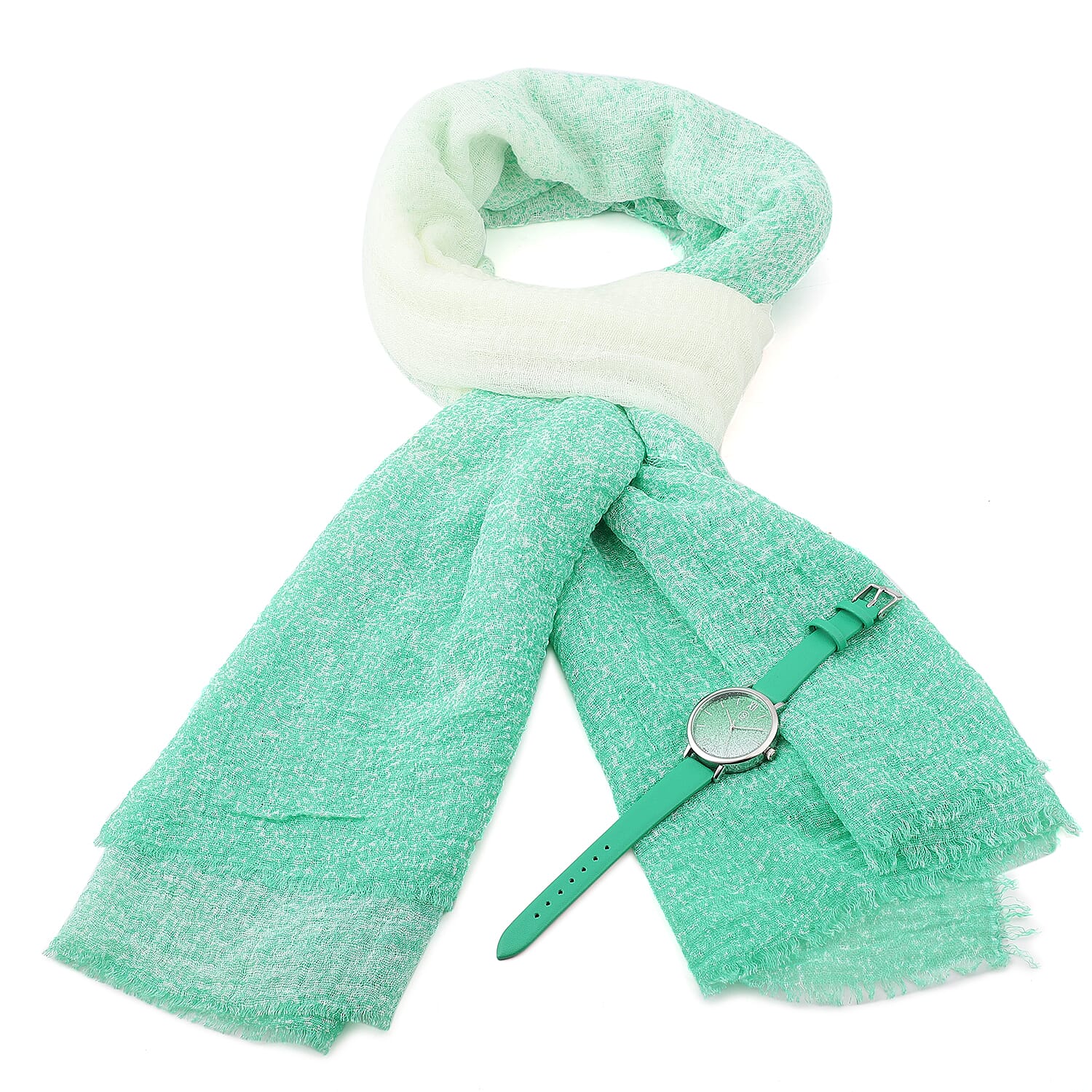 2 Piece Set - STRADA Japanese Movement Silver & Green Stardust Dial Water Resistant Watch with Green Strap and Gradient Scarf (Size 180x90Cm) - Green