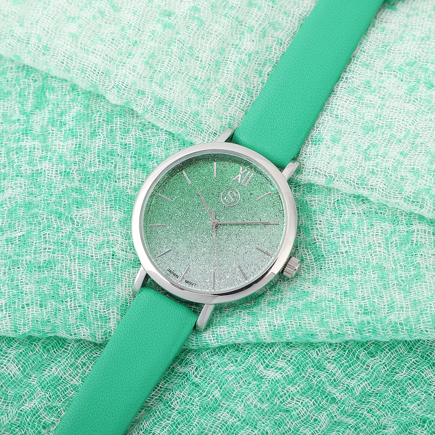 2 Piece Set - STRADA Japanese Movement Silver & Green Stardust Dial Water Resistant Watch with Green Strap and Gradient Scarf (Size 180x90Cm) - Green