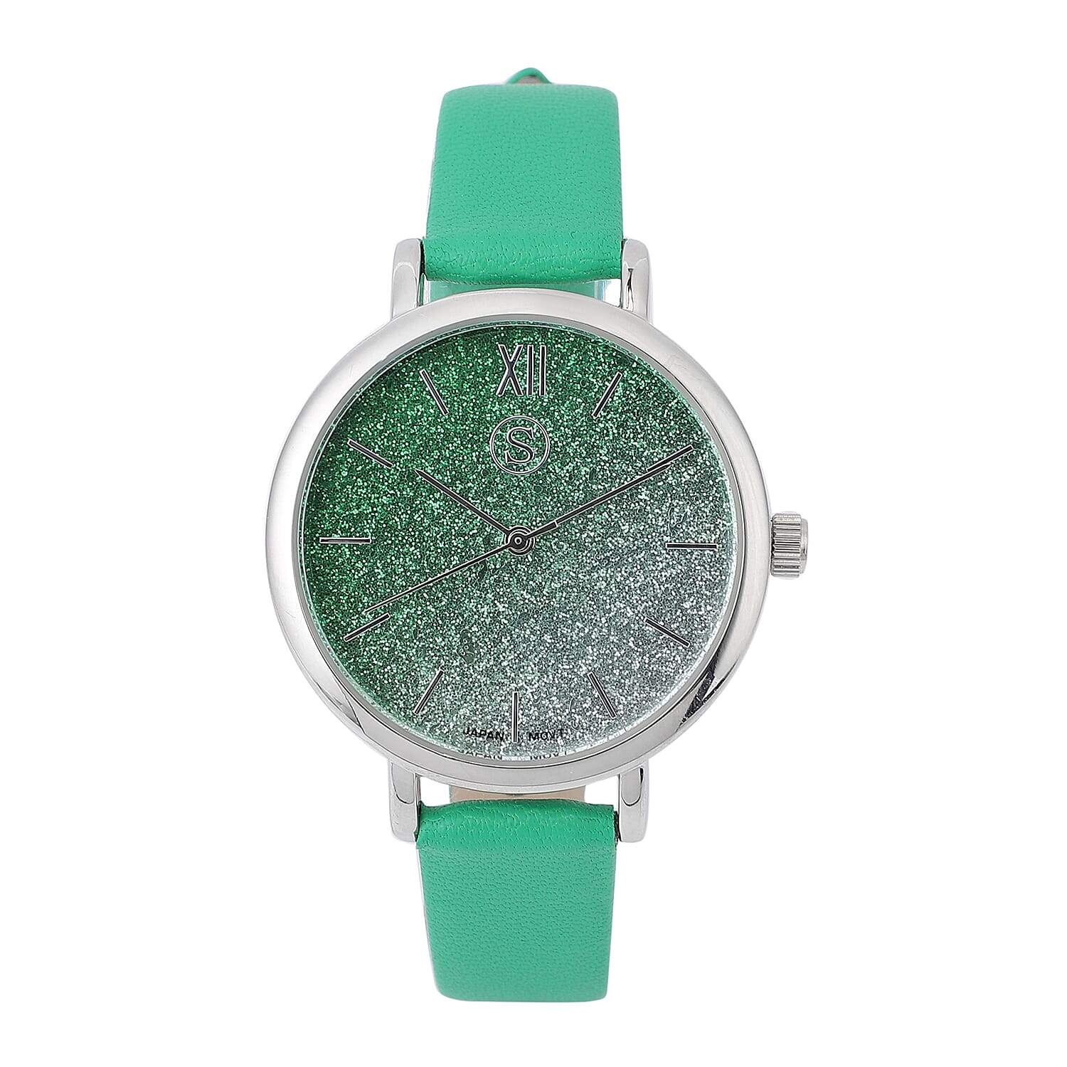 2 Piece Set - STRADA Japanese Movement Silver & Green Stardust Dial Water Resistant Watch with Green Strap and Gradient Scarf (Size 180x90Cm) - Green