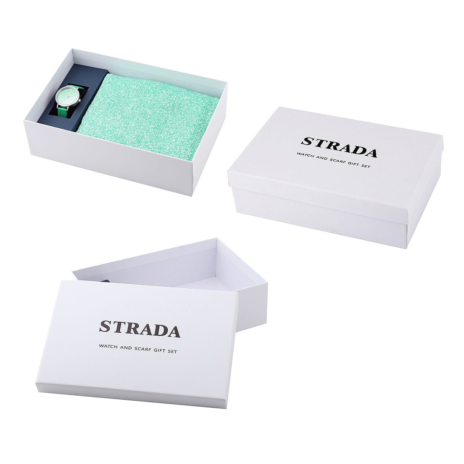 2 Piece Set - STRADA Japanese Movement Silver & Green Stardust Dial Water Resistant Watch with Green Strap and Gradient Scarf (Size 180x90Cm) - Green