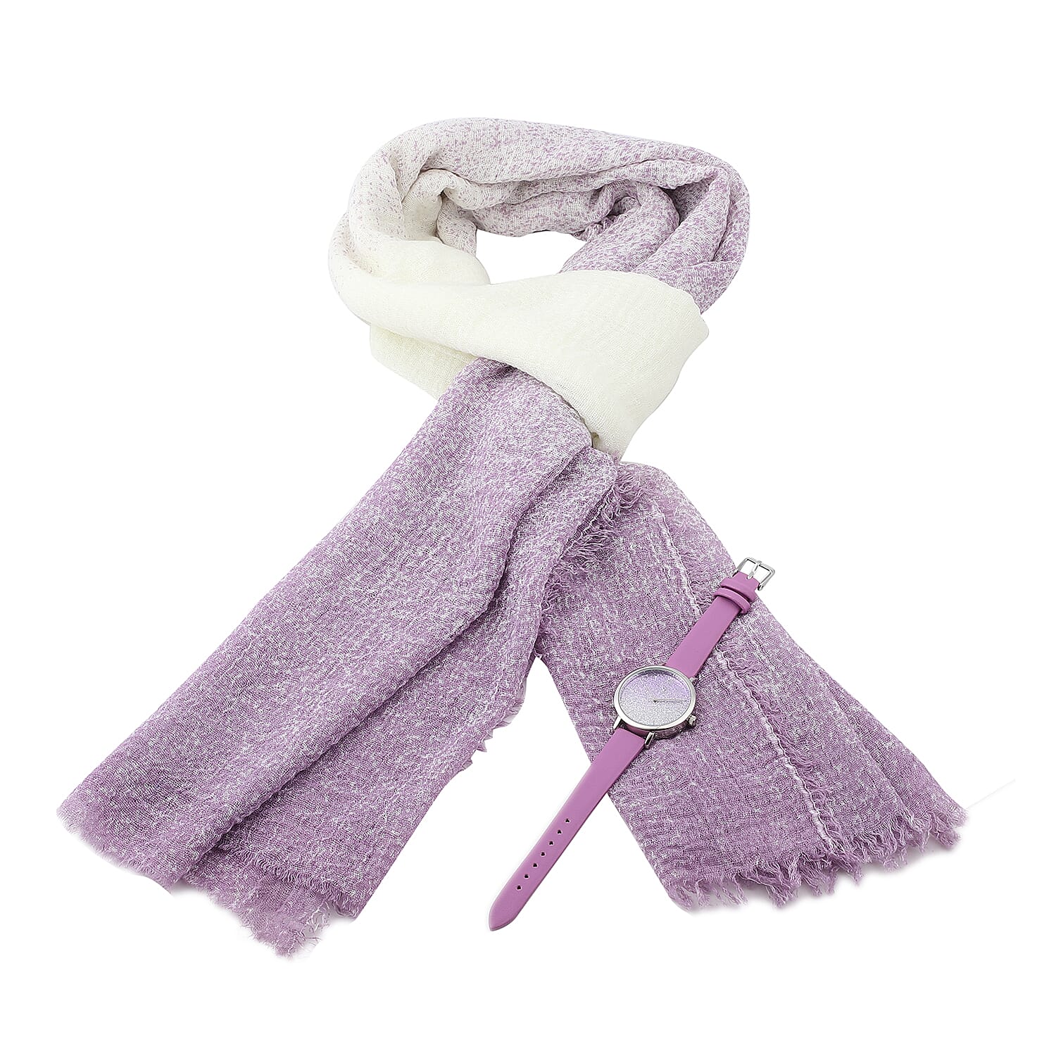 2 Piece Set - STRADA Japanese Movement Silver & Purple Stardust Dial Water Resistant Watch with Purple Strap and Gradient Scarf (Size 180x90Cm) - Purple