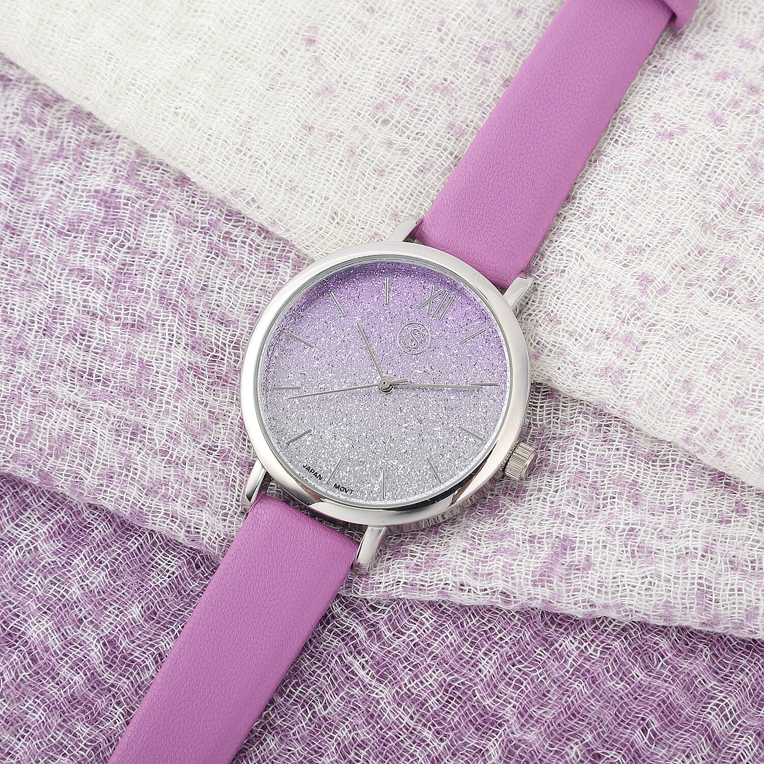2 Piece Set - STRADA Japanese Movement Silver & Purple Stardust Dial Water Resistant Watch with Purple Strap and Gradient Scarf (Size 180x90Cm) - Purple