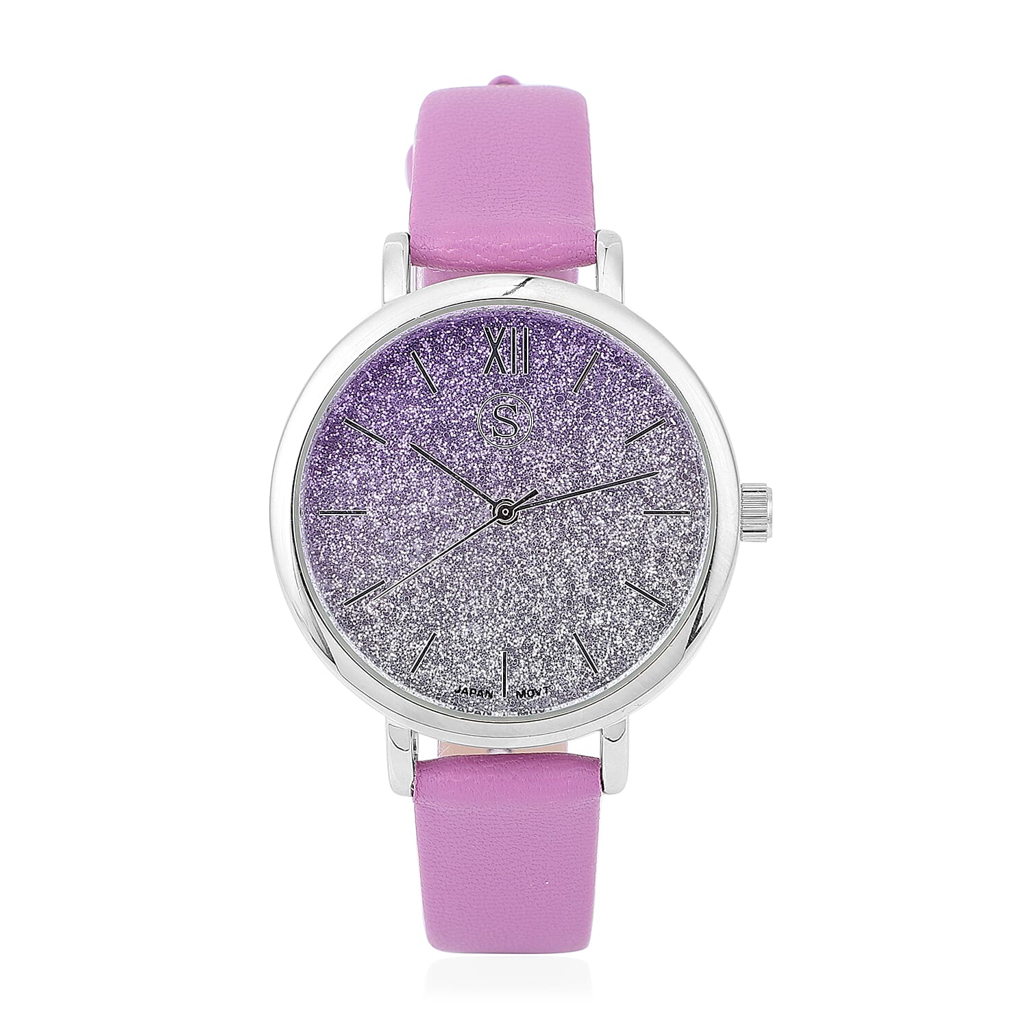 2 Piece Set - STRADA Japanese Movement Silver & Purple Stardust Dial Water Resistant Watch with Purple Strap and Gradient Scarf (Size 180x90Cm) - Purple