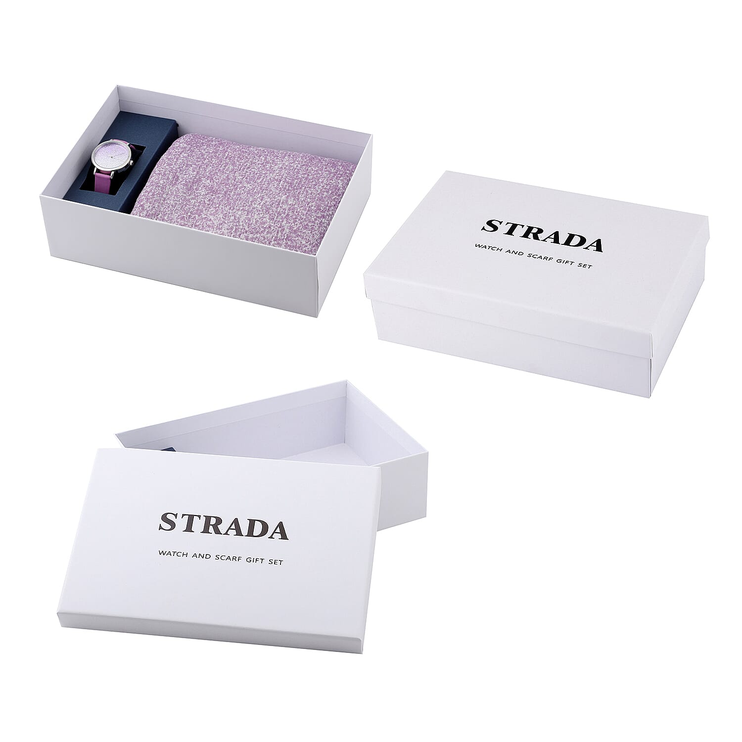 2 Piece Set - STRADA Japanese Movement Silver & Purple Stardust Dial Water Resistant Watch with Purple Strap and Gradient Scarf (Size 180x90Cm) - Purple