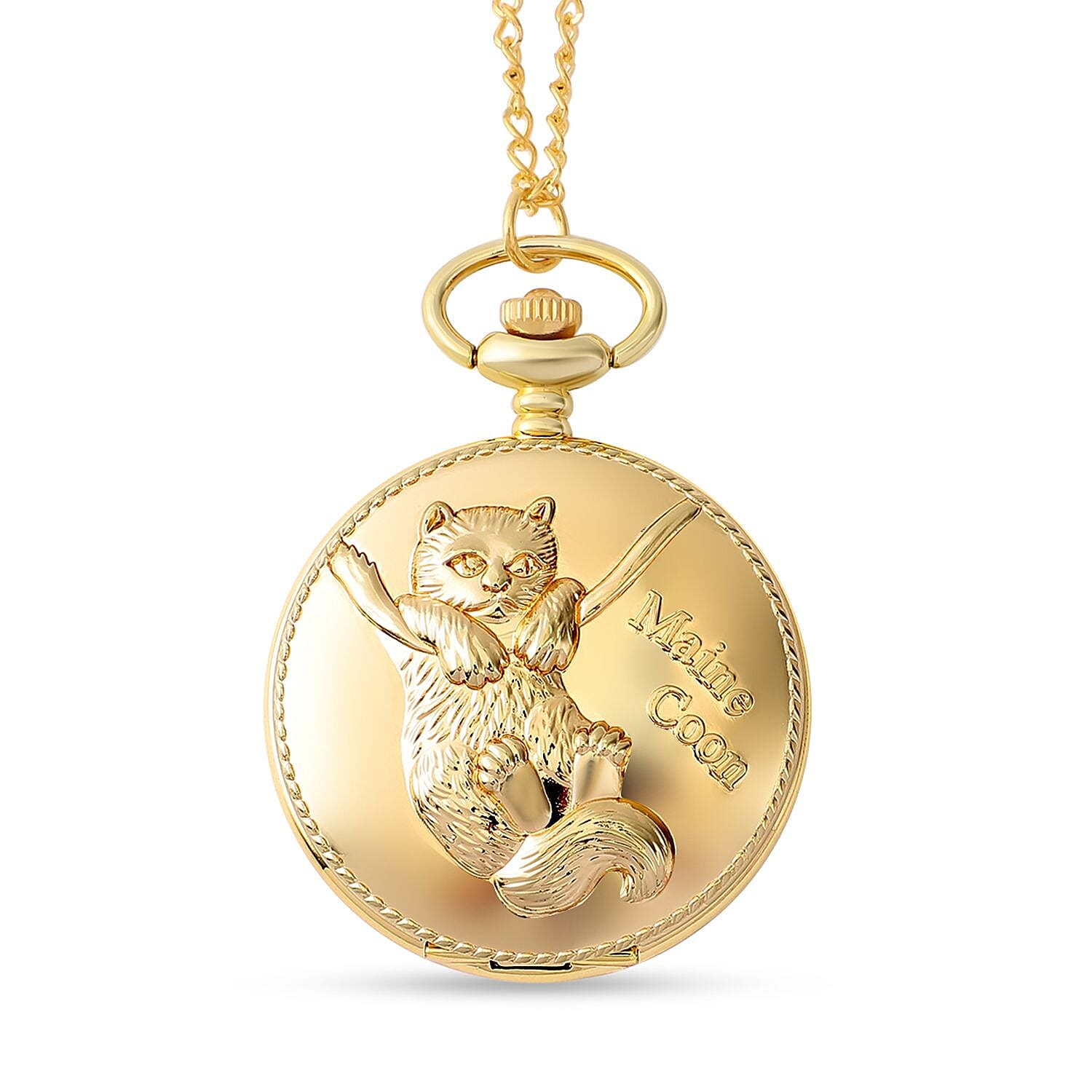 STRADA Japanese Movement Maine Coon Pattern Water Resistant Pocket Watch (Size 31) in Gold Tone
