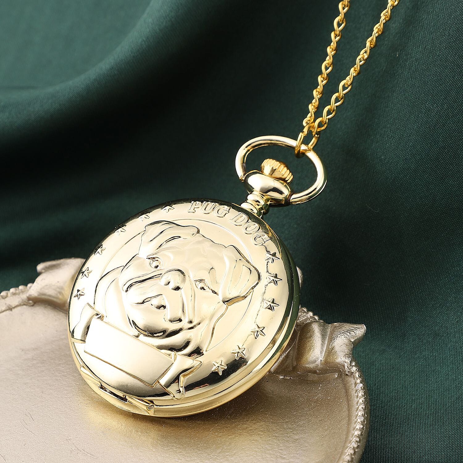 STRADA Japan Movement Pug Dog Pattern Water Resistant Gold Plated Pocket Watch with 31 inch Golden Iron Chain Strap Iron Strap