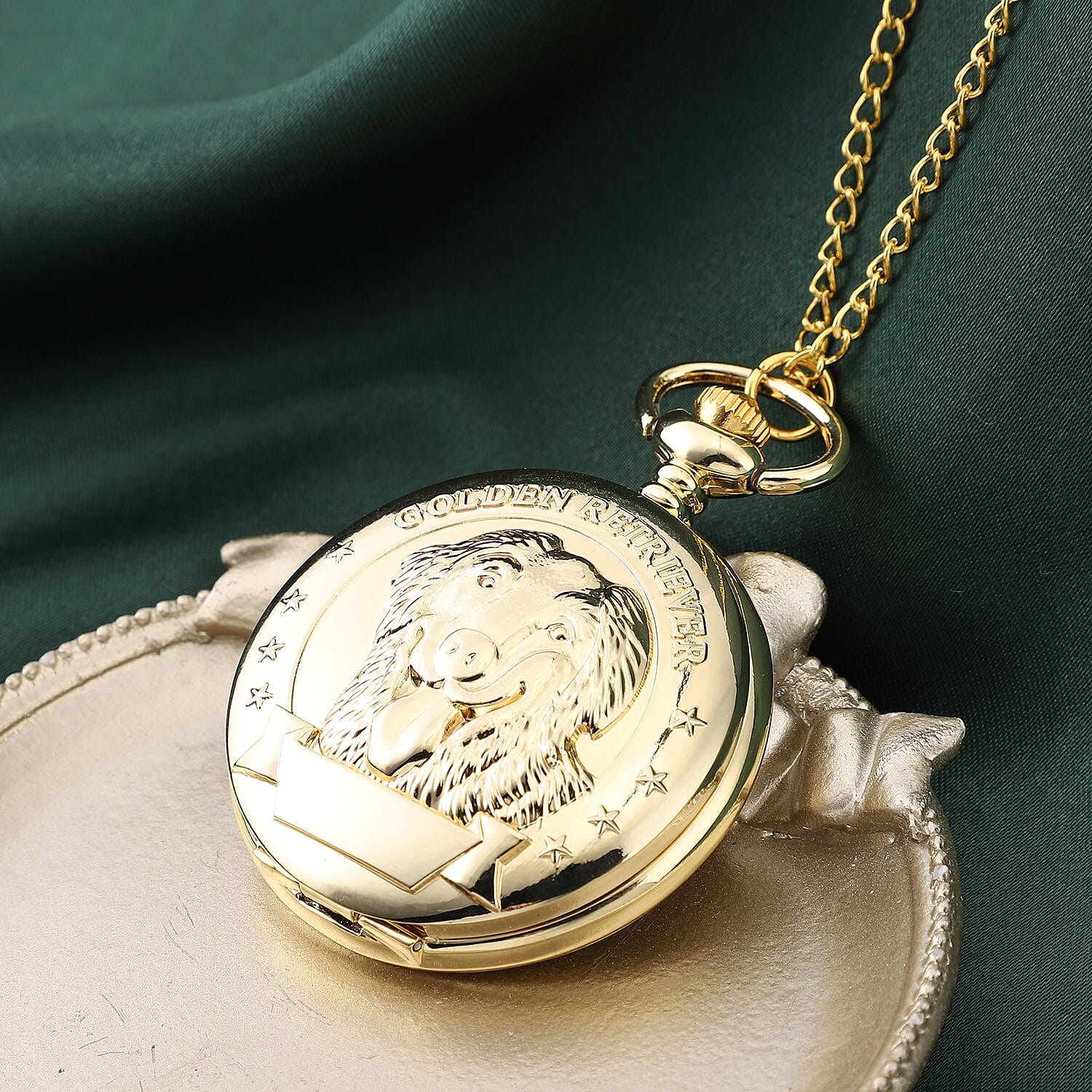 STRADA Japanese Movement Retriever Pattern Water Resistant Pocket Watch (Size 31) in Gold Tone
