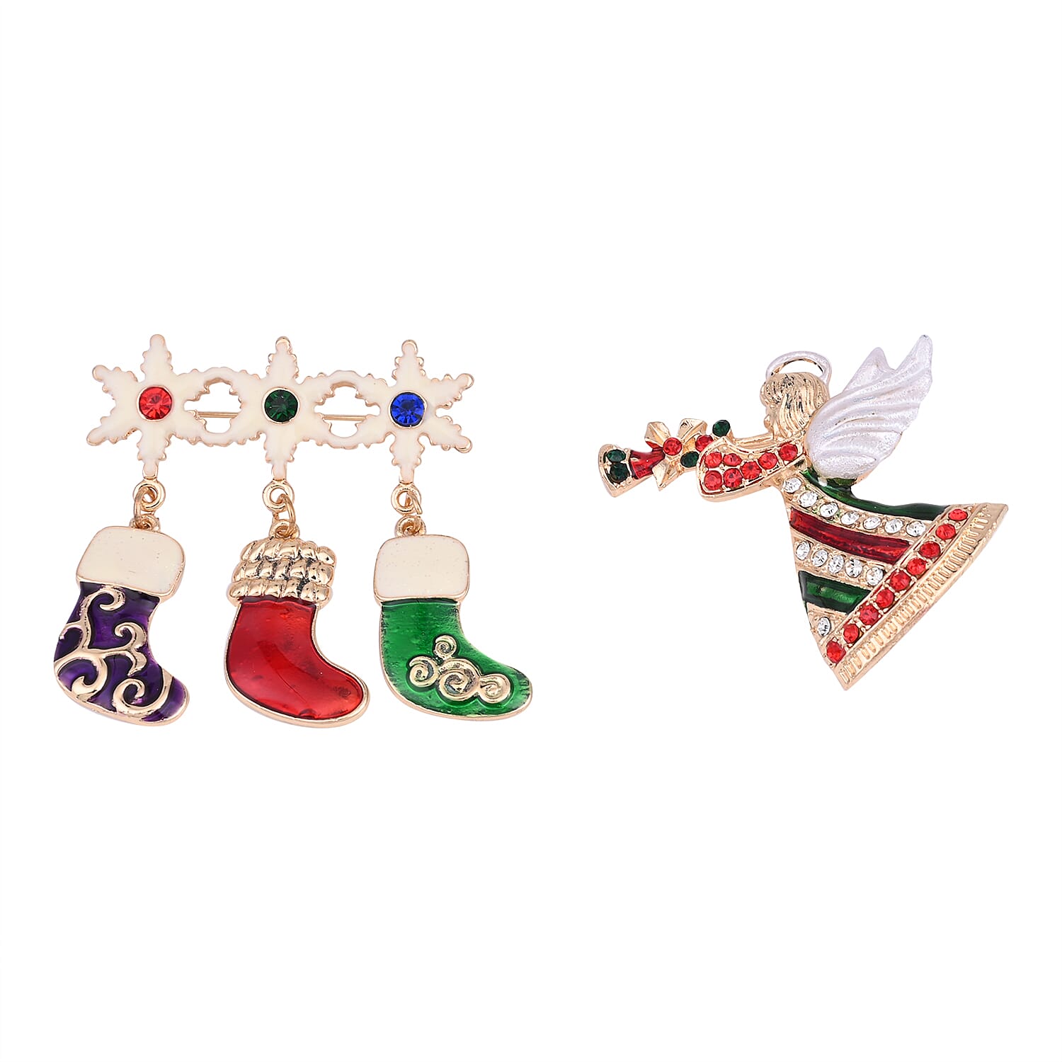 Set of 2 - Christmas Multi Colour Austrian Crystal Enamelled Brooch in Yellow Gold Tone