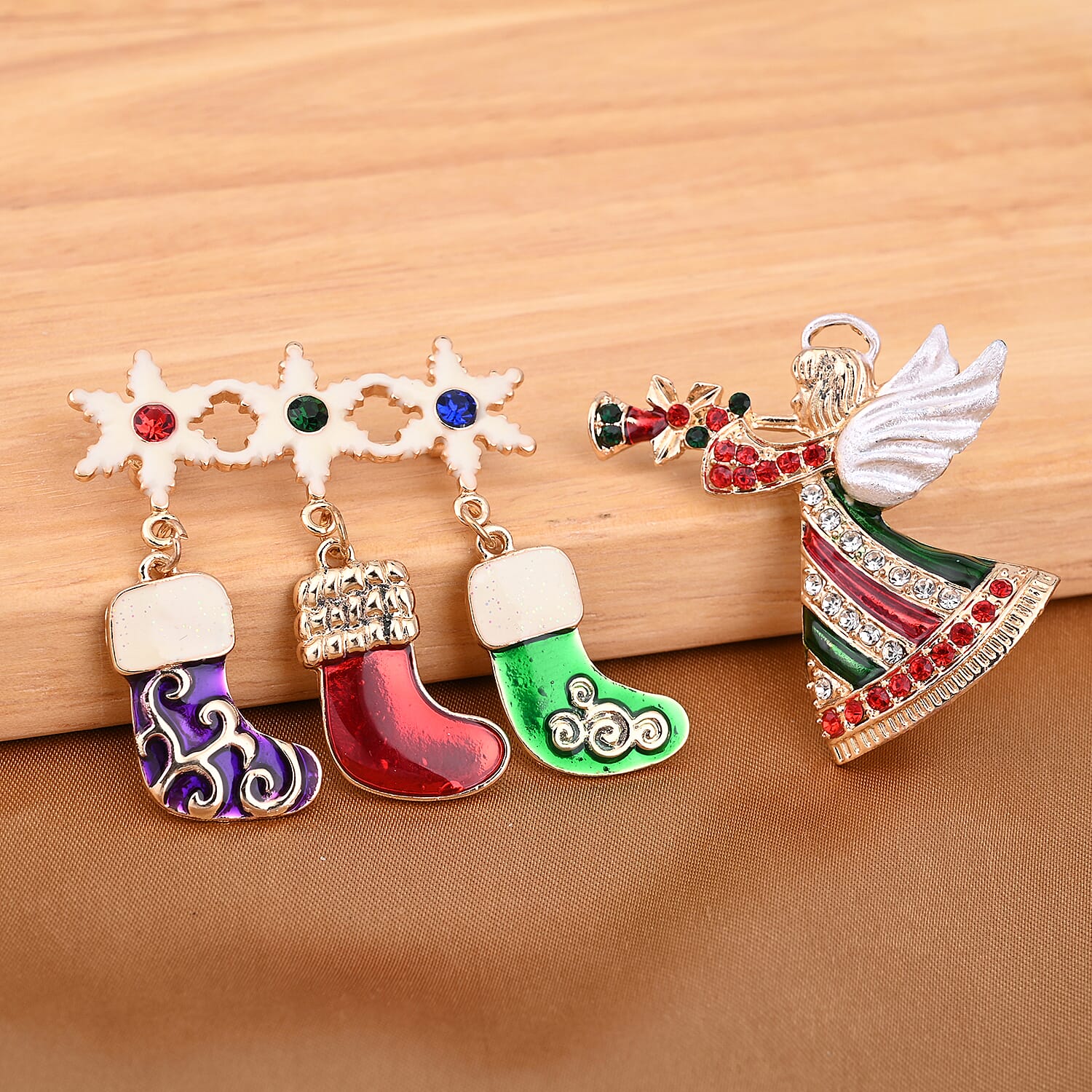 Set of 2 - Christmas Multi Colour Austrian Crystal Enamelled Brooch in Yellow Gold Tone