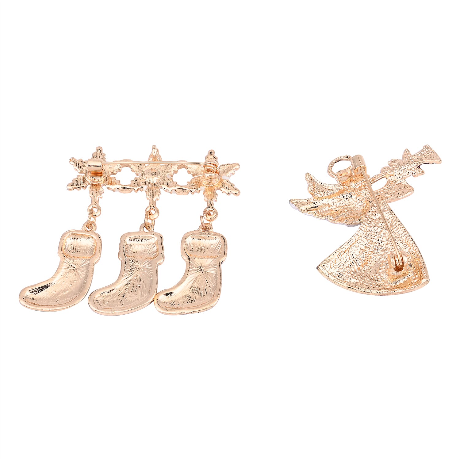 Set of 2 - Christmas Multi Colour Austrian Crystal Enamelled Brooch in Yellow Gold Tone