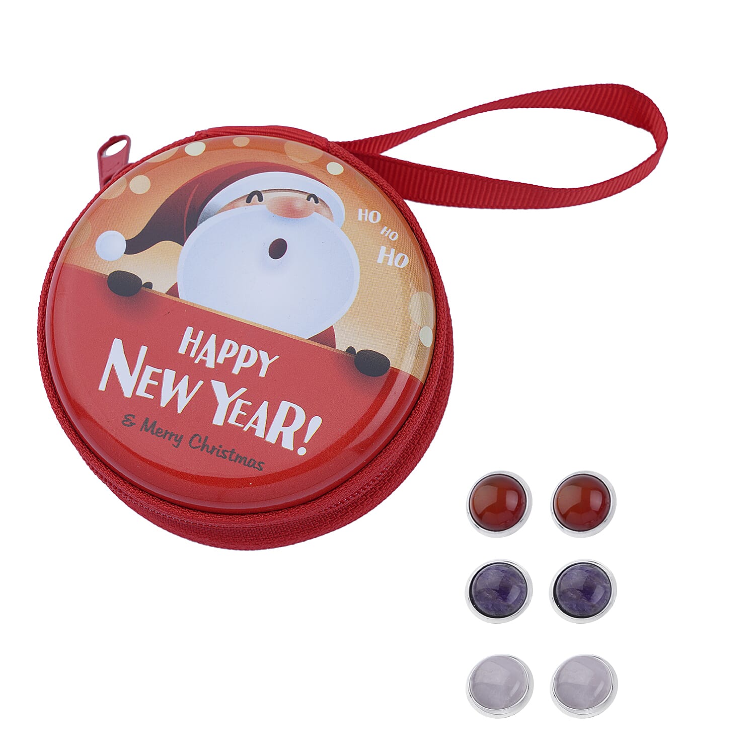 Set of 3 - Amethyst, Red Agate & Rose Quartz Stud Earrings in Silver Tone