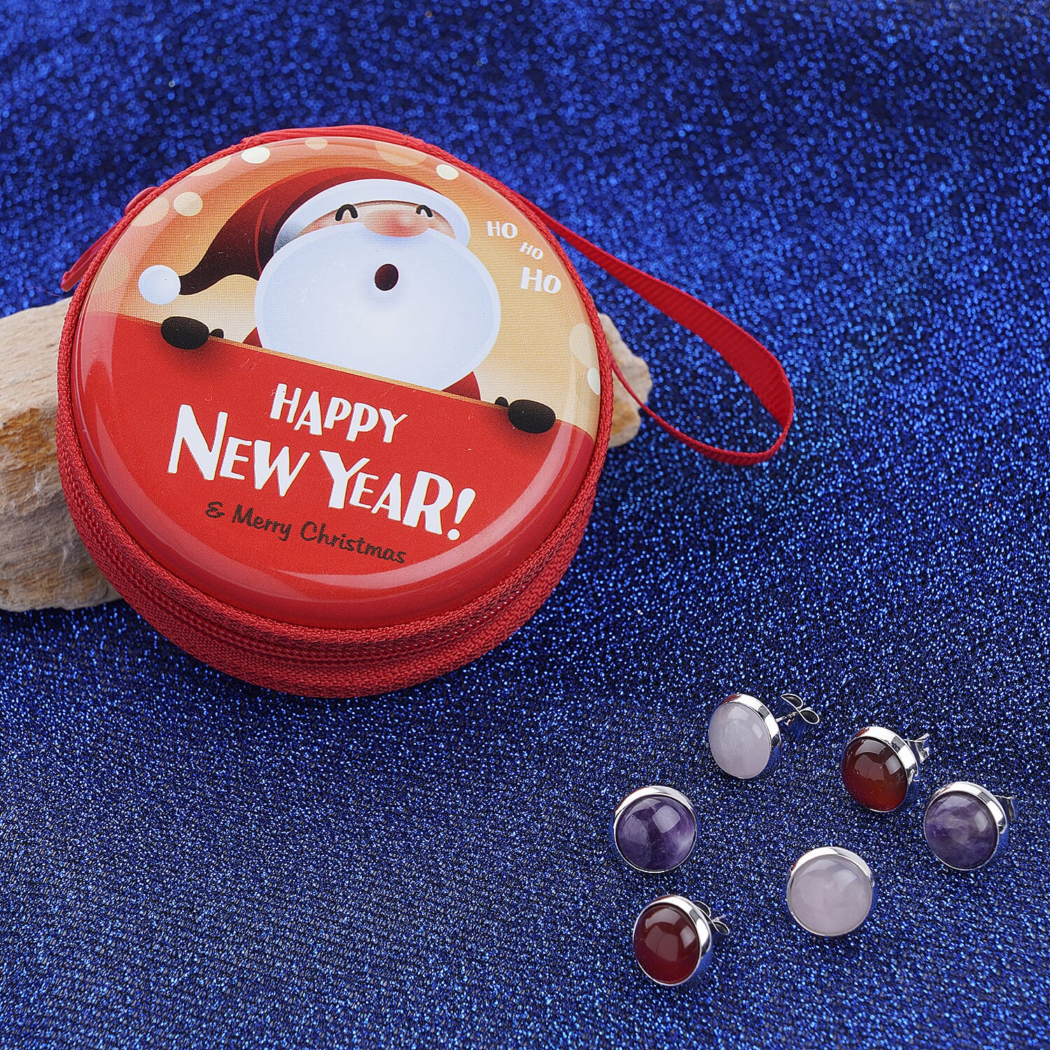 Set of 3 - Amethyst, Red Agate & Rose Quartz Stud Earrings in Silver Tone