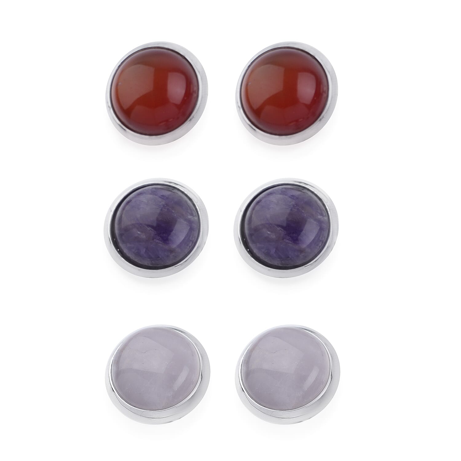 Set of 3 - Amethyst, Red Agate & Rose Quartz Stud Earrings in Silver Tone