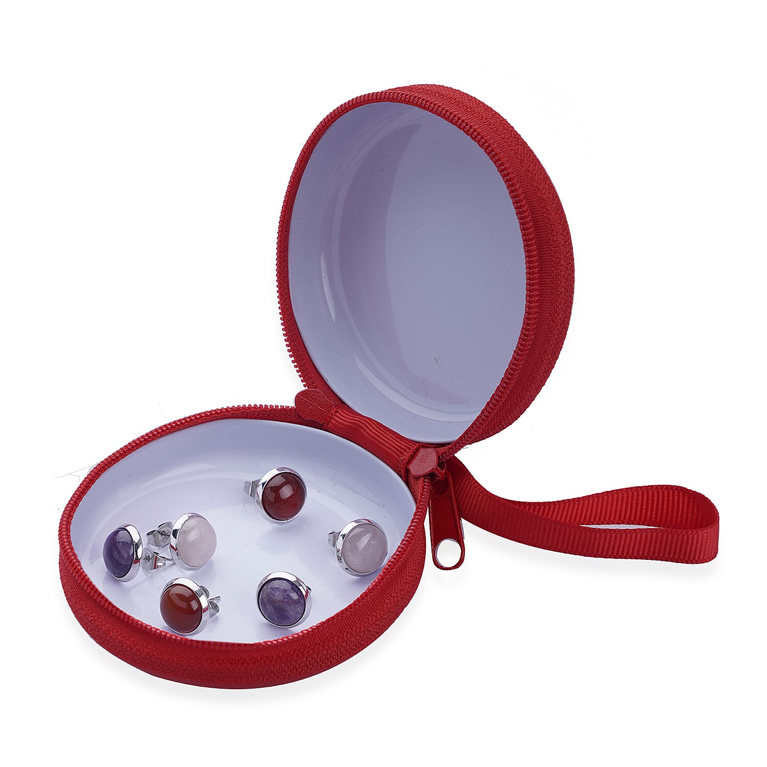 Set of 3 - Amethyst, Red Agate & Rose Quartz Stud Earrings in Silver Tone