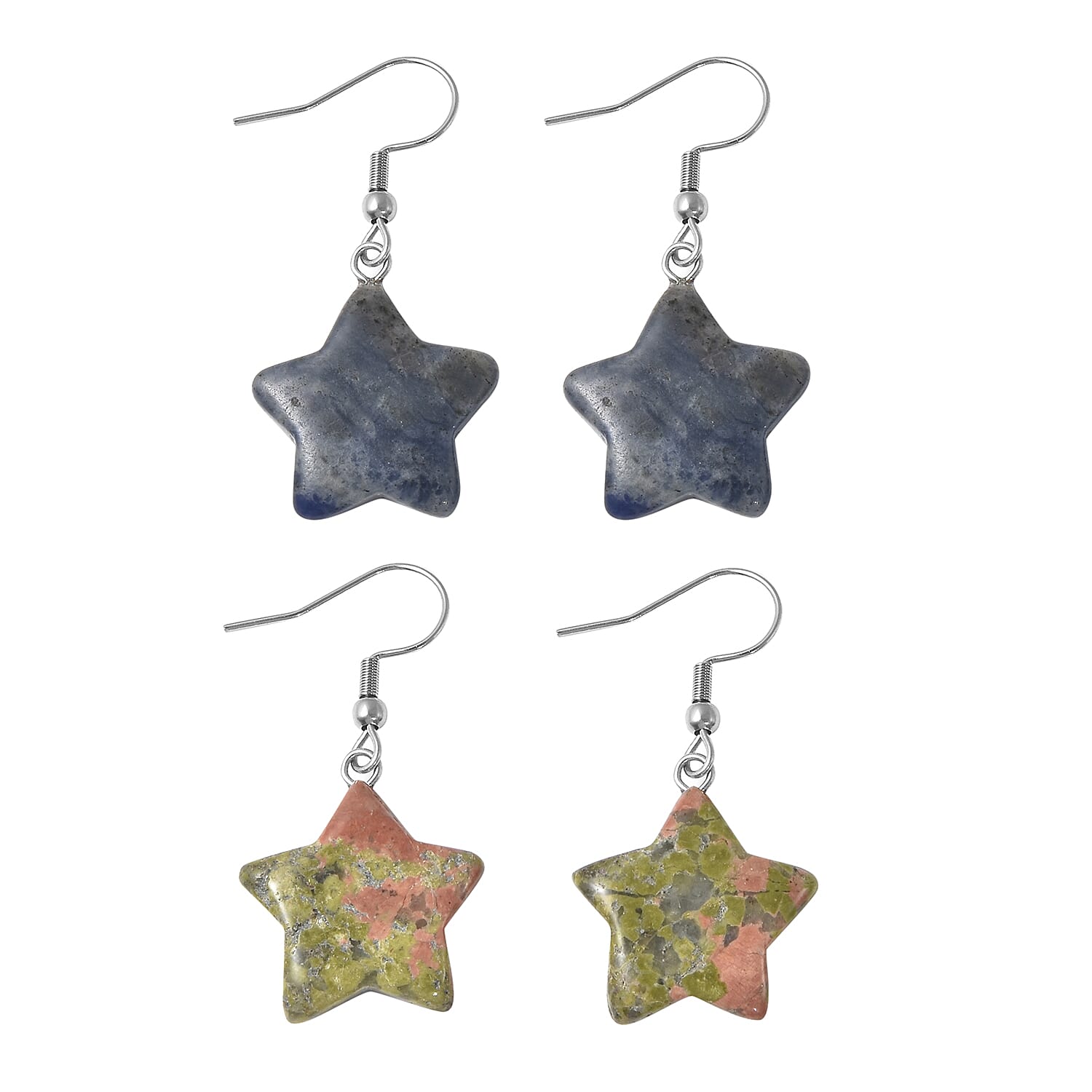 Set of 2 - Sodalite and Unakite Star Hook Earrings in Stainless Steel