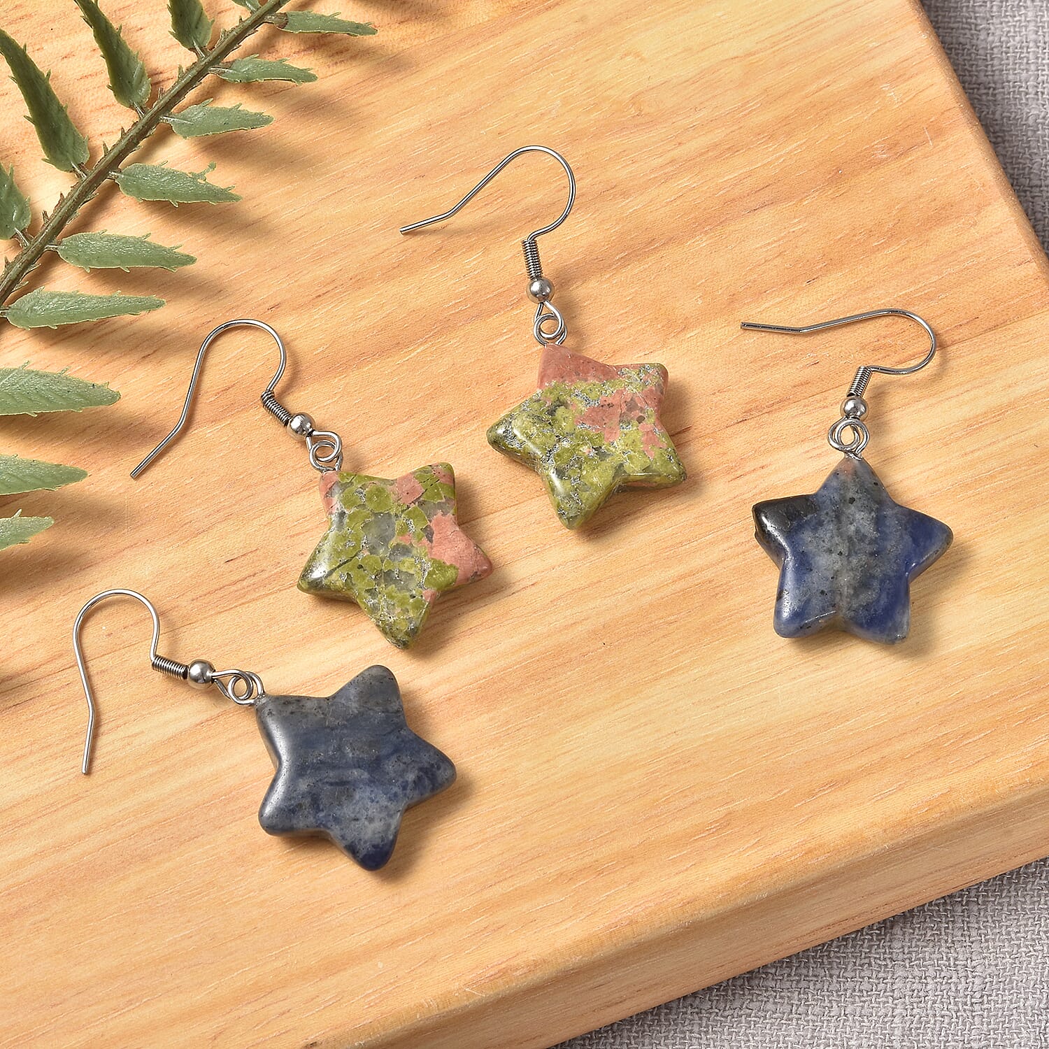 Set of 2 - Sodalite and Unakite Star Hook Earrings in Stainless Steel