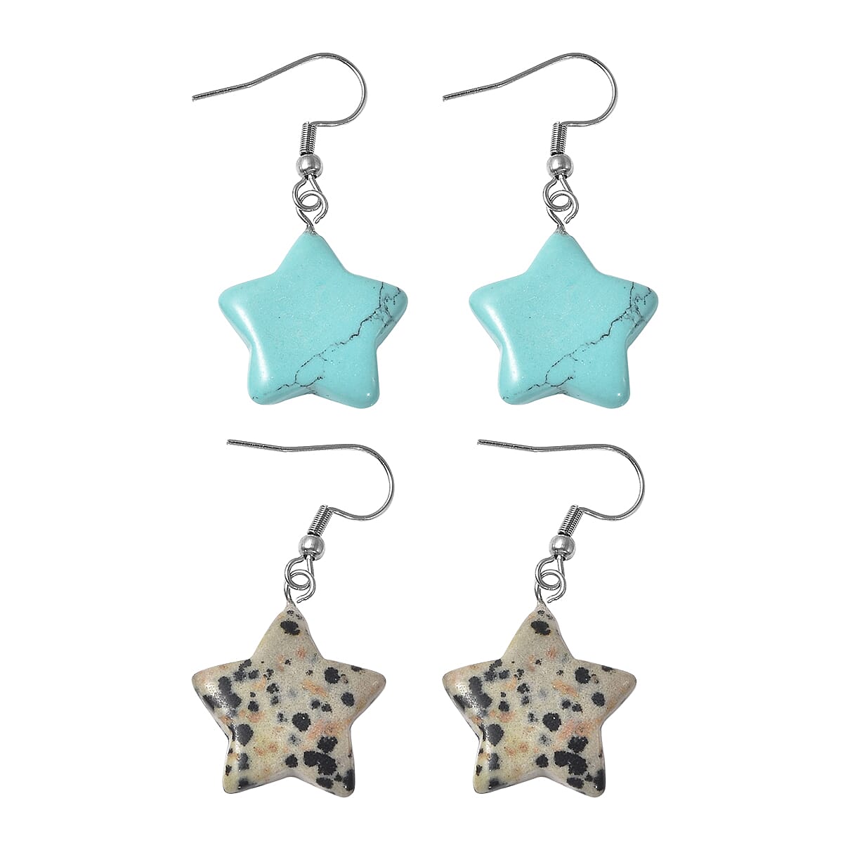 Set of 2 - Dalmation Jasper and Blue Howlite Star Hook Earrings in Stainless Steel