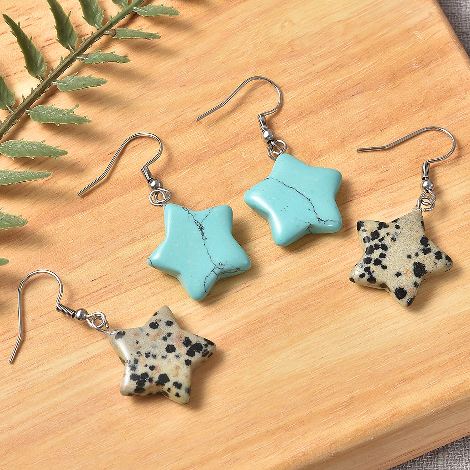 Set of 2 - Dalmation Jasper and Blue Howlite Star Hook Earrings in Stainless Steel