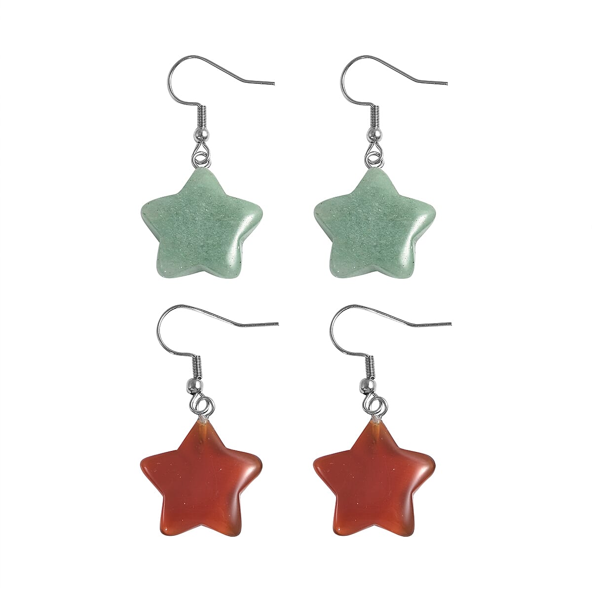 Set of 2 - Red Agate and Green Aventurine Star Hook Earrings in Stainless Steel